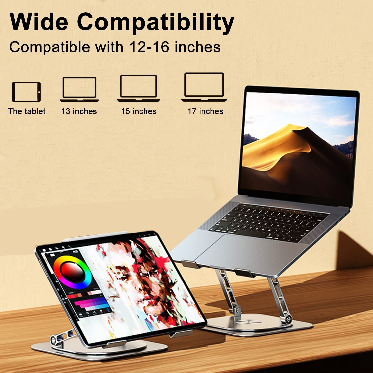 LIENS Adjustable Laptop Stand with 360 Rotating Base Compatible with Macbook Pro/Air Notebook up to 17 Inches Silver (Silver) image number 1