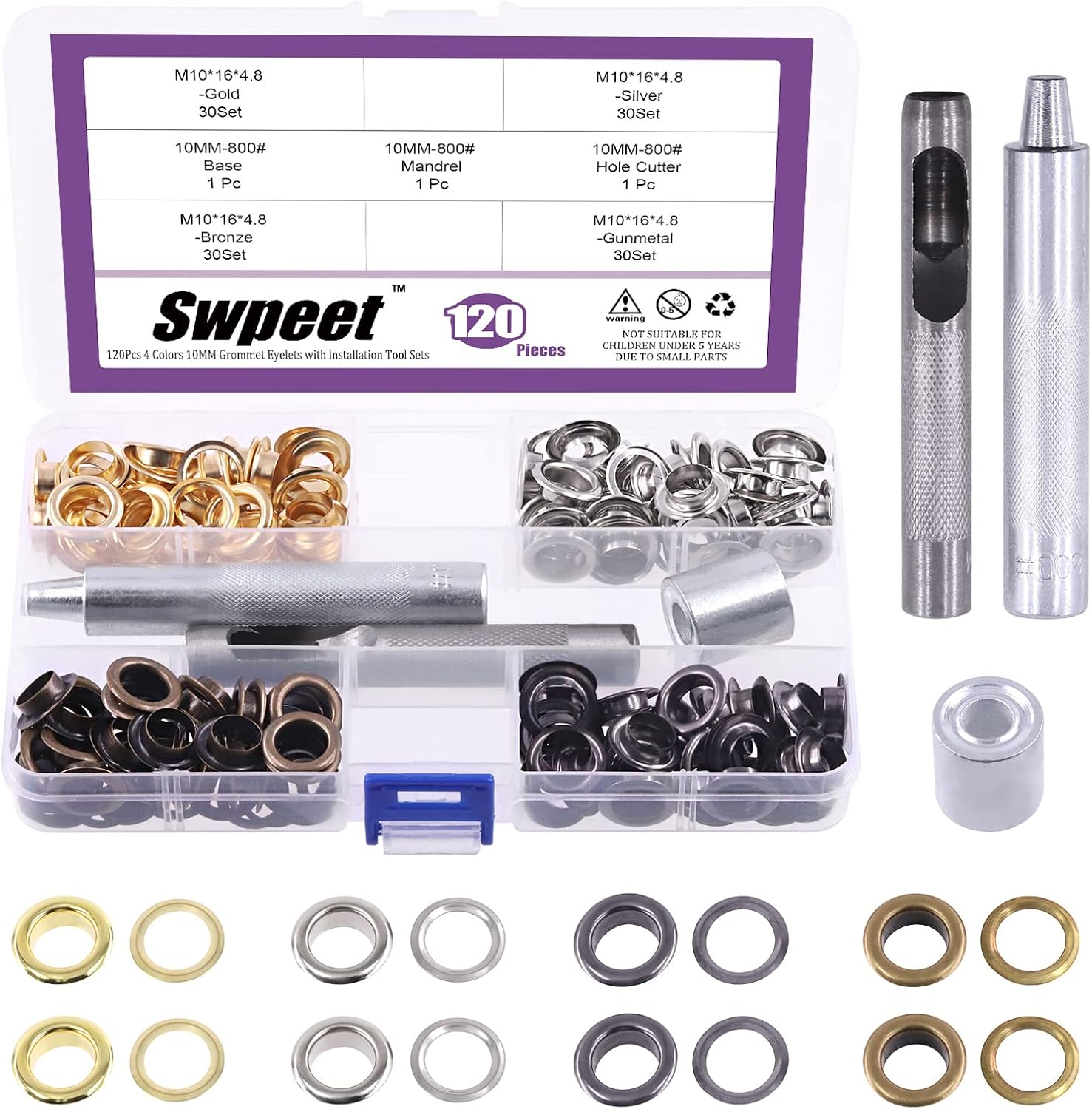 Swpeet 243Pcs - 120Sets 2/5" (10Mm) Hole Thicken Grommets 4 Colors Metal Grommets Eyelets Grommets with Washers and 3Pcs Setting Instal Tool Metal Eyelets Kit for Repairing Canvas, Leather image number 2