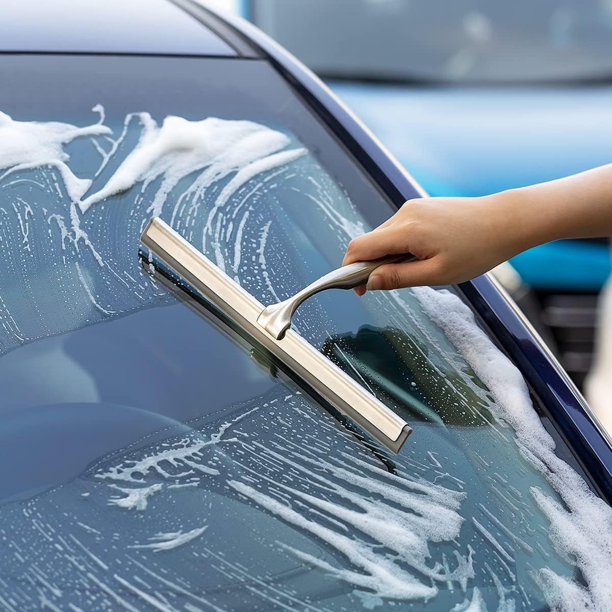 10 Inch Squeegee for Shower Glass, Black Shower Squeegee with Adhesive Hooks Heavy Duty, Non-Slip Long Handle, Spare Blade, All-Purpose Squeegee Cleaning for Bathroom Doors Car Window (Silver) - Black image number 6