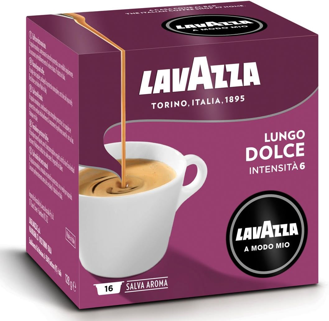Lavazza, a Modo Mio Lungo Dolce, 16 Coffee Pods, with Aromatic Notes of Dried Fruits, for a Sweet Espresso, 100% Arabica, Intensity 6/13, Medium Roasting, Compostable, 1 Pack of 16 Coffee Pods
