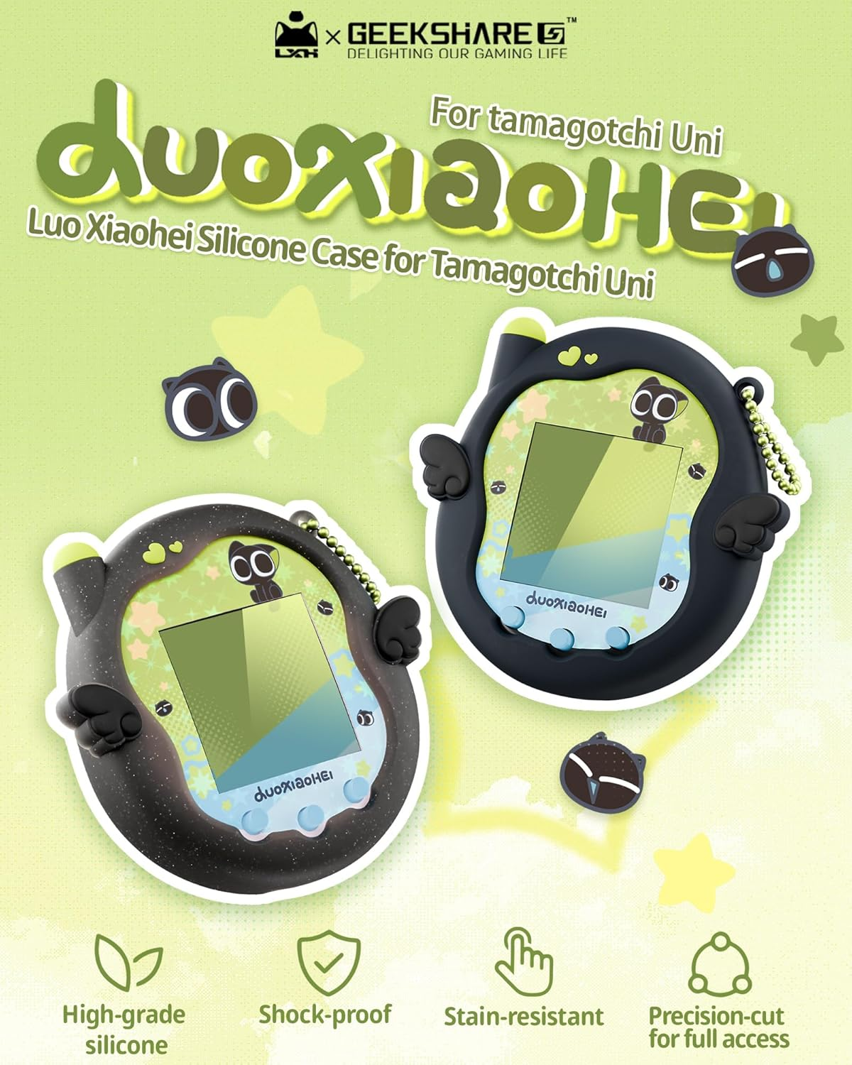 Geekshare Silicone Protective Case Compatible with Tamagotchi Uni, Cute Cartoon Black Cat in Starry Sky Design Cover Skin Shell -Solid Black - Solid Black image number 4