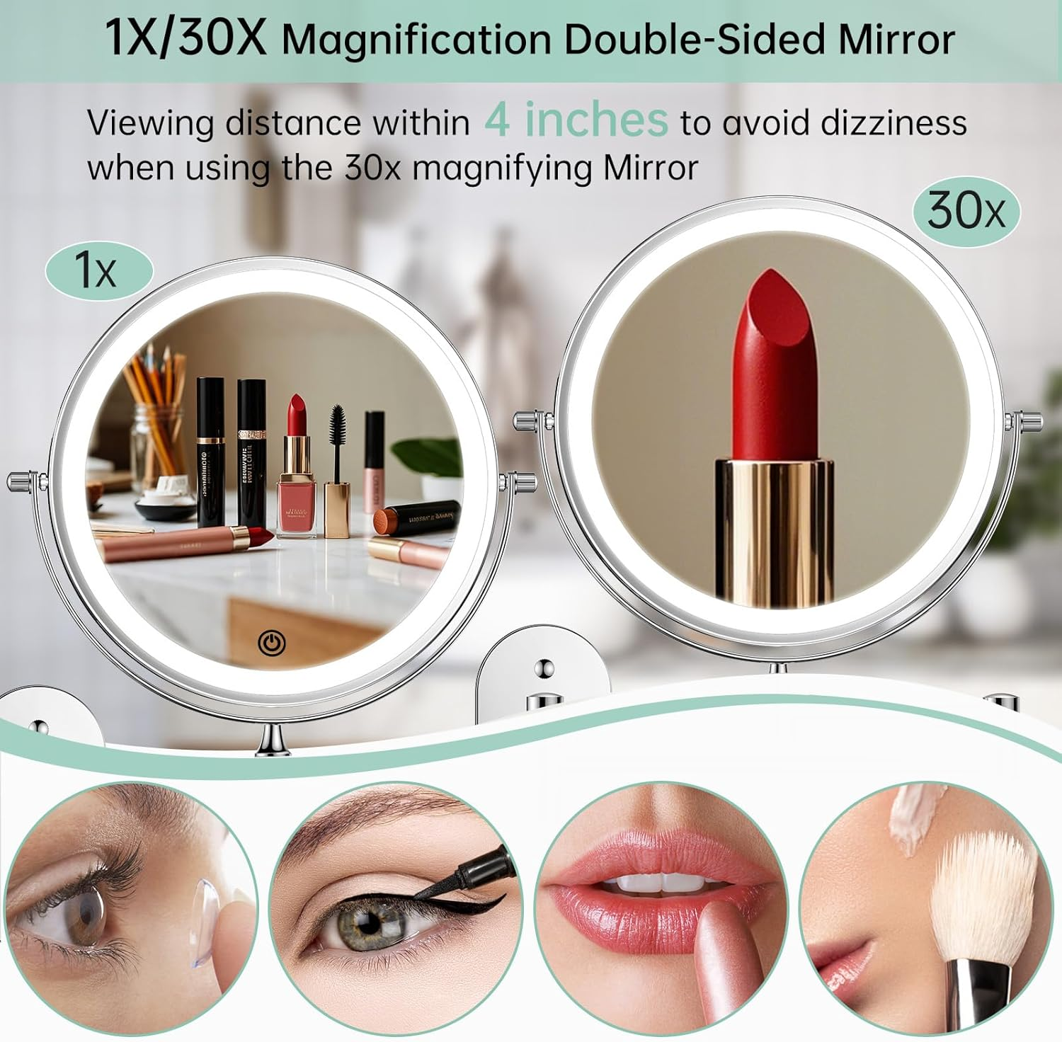 FUNTOUCH Rechargeable Cosmetic Mirror with Lighting, 1 X 20X Mirror Magnification Wall Mounting, Dimmable Shaving Mirror 3 Colours, Touch Screen, 360&deg; Rotatable, Makeup Mirror for Bathroom - Gunblack image number 5