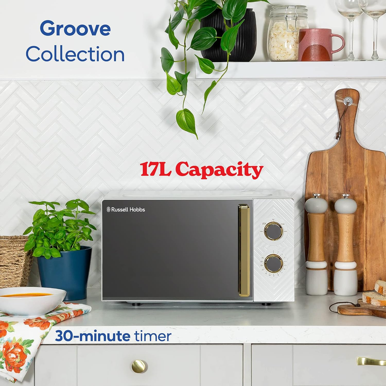 Russell Hobbs 17 Litre 700W White Solo Manual Microwave with Groove Design, 5 Power Levels, Integrated Timer and Defrost Function, Easy Clean RHMM723 - Black image number 7