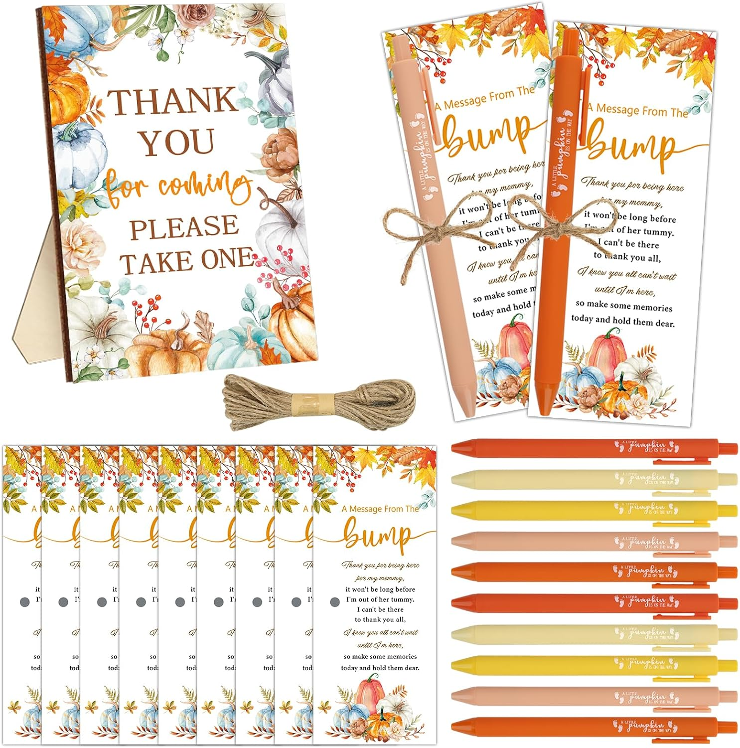 50 Sets Little Pumpkin Baby Shower Favors Baby Shower Pens Gifts Bulk Fall Pumpkin Theme Sign 50 Ballpoint Pens 50 Thank You Cards with Twine for Gender Reveal Party Souvenirs Return Gifts Prizes image number 3