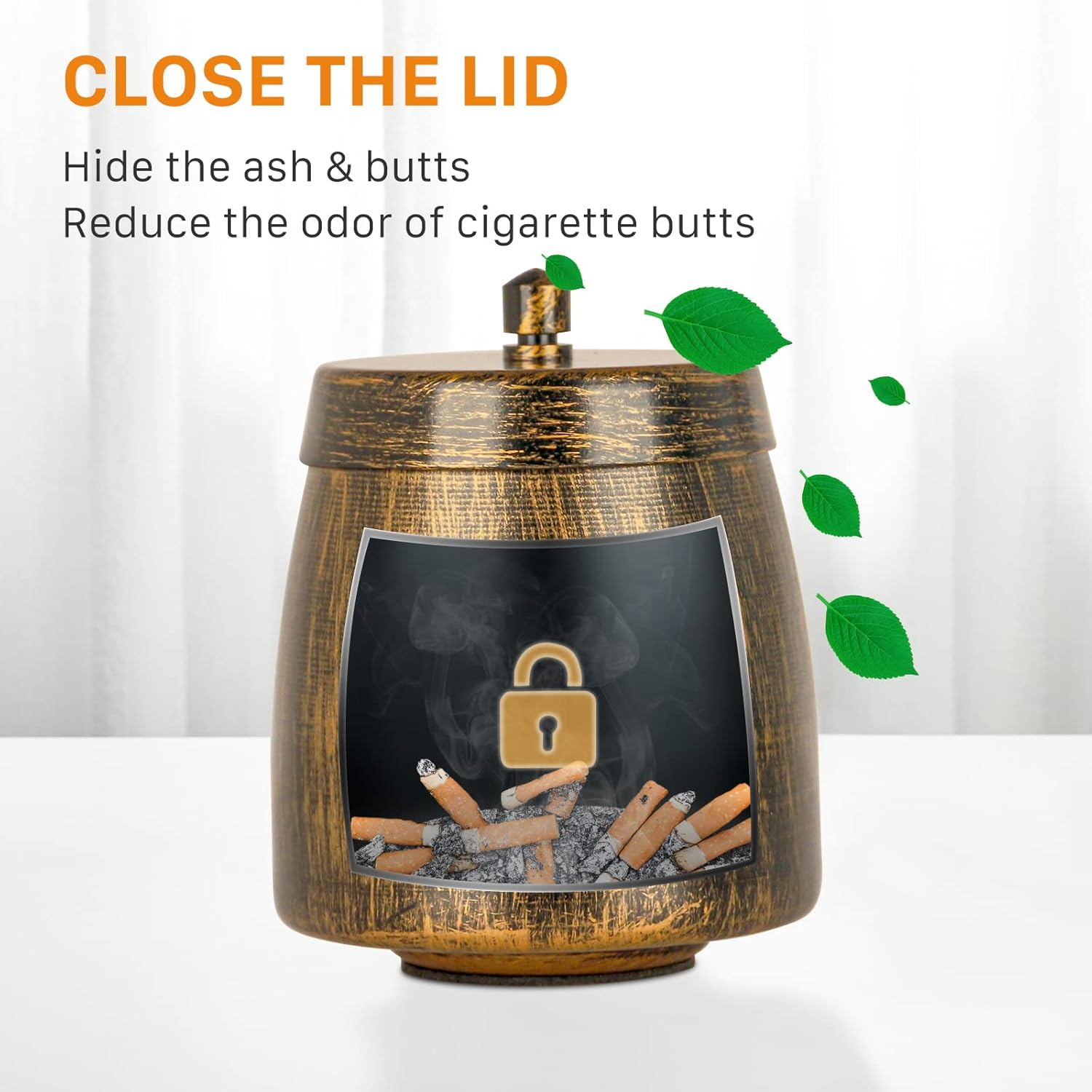 Small Retro Odorless Ashtray with Lid for Cigarettes Outdoor Rainproof,Metal Decorative Ashtray for Patio outside Home Indoors Table Decor,Copper