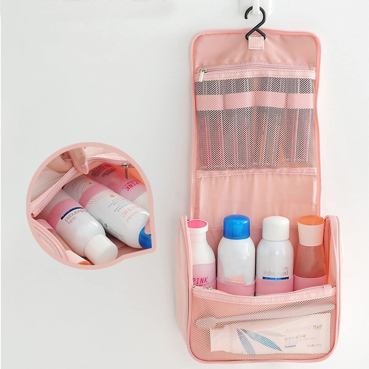 Flip Hook Type Polyester Fabric Travel Makeup Bag with Large Capacity Cosmetic, Portable Skincare Storage (Navy Bule) - Black image number 4