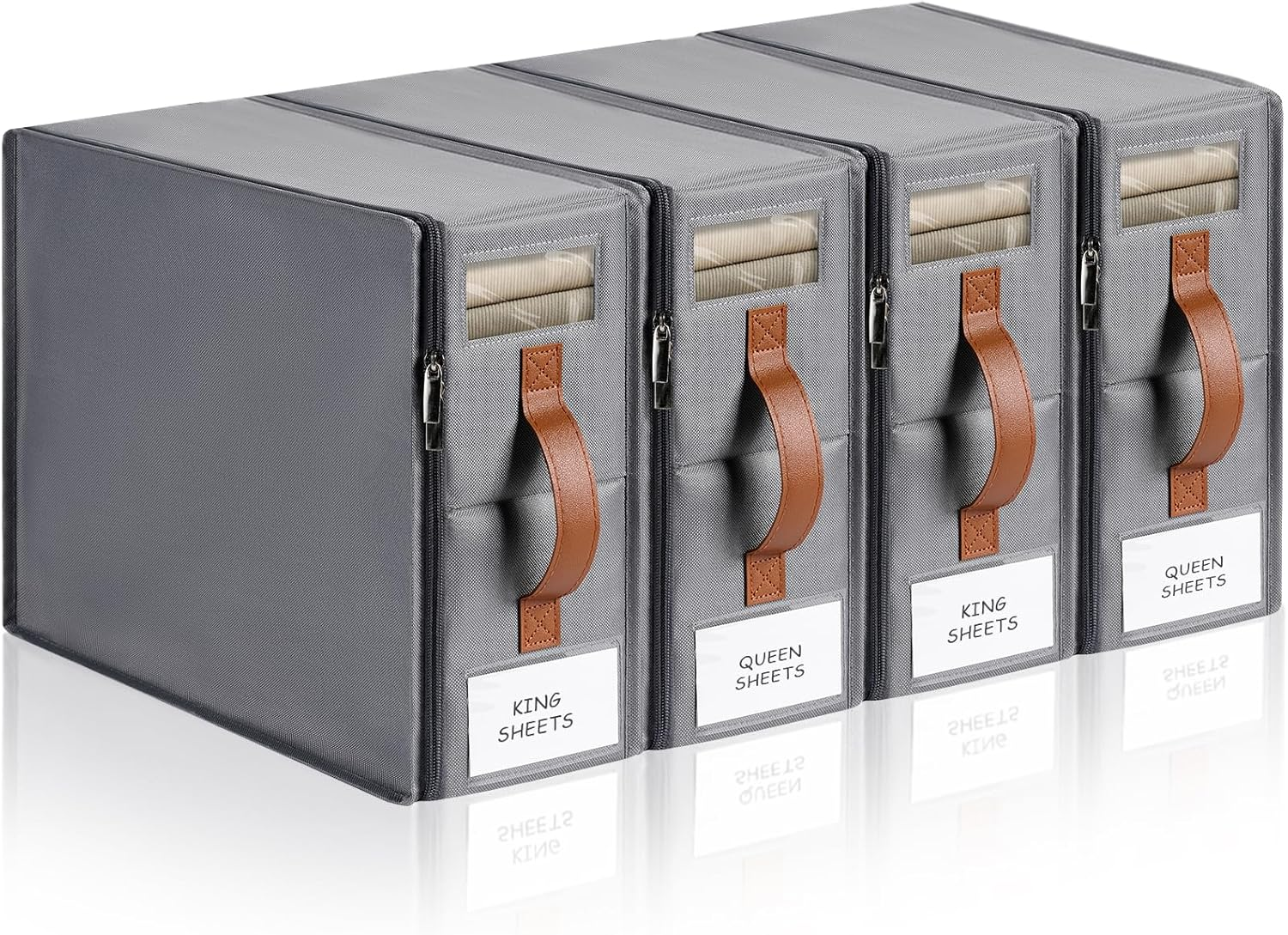 Kithero 4Pack Bed Sheet Organizer, Foldable Linen Closet Organizers and Storage with Sealed Design, Queen & King Size Sheet Storage with Window, Closet Organizer for Bedsheets/Blankets/Clothes, Grey image number 2