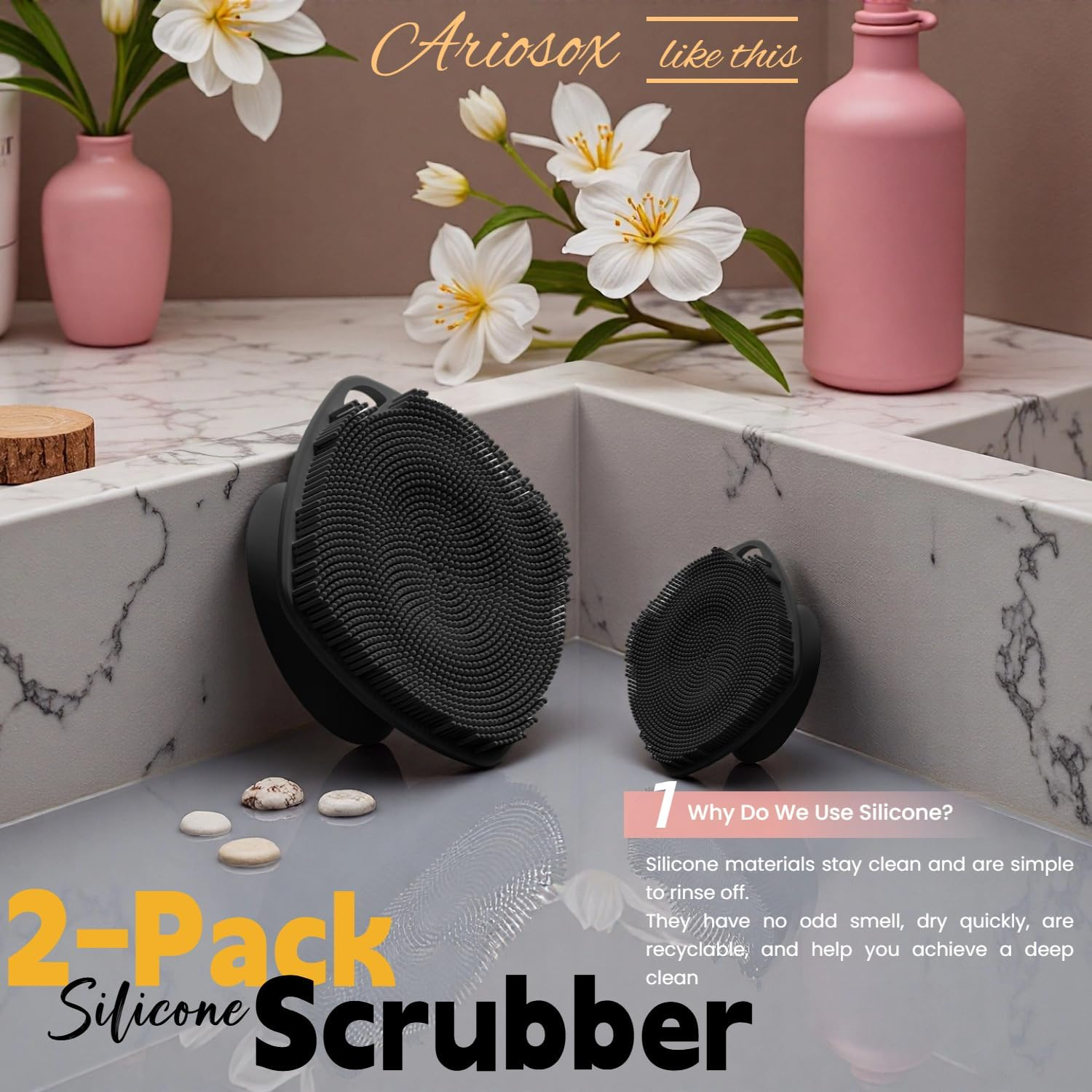 ARIOSOX Silicone Body Scrubber with Suction Cup, Gentle Texture Exfoliating Body Scrubber for Men and Women on Sensitive Skin, Build up Lather, Deep Skin Clean (Body+ Face Scrubber Black) - Black image number 6