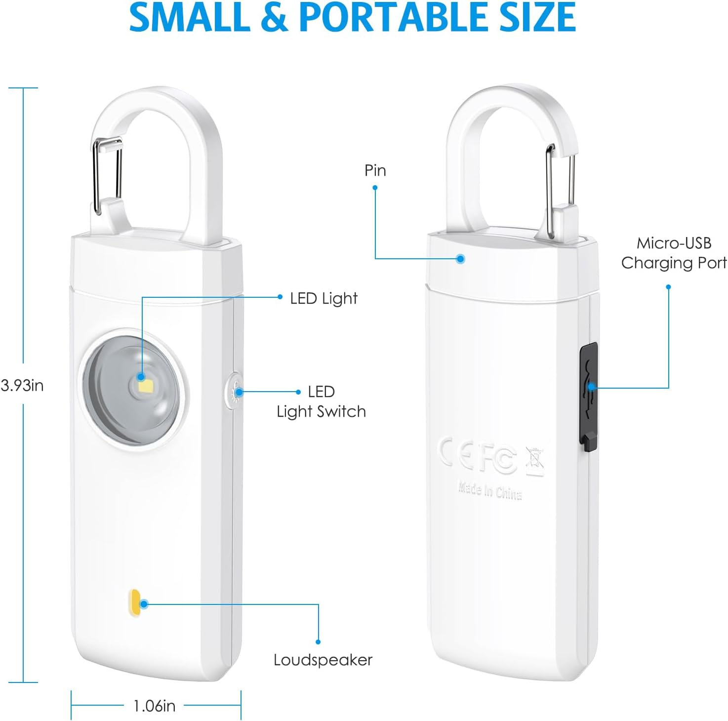 AMIR Personal Alarm Keychain for Women Safety - Loud 130 Db Siren with Strobe Light and Carabiner - Helps Women, Children, Men, Seniors, Elderly Emergency Call (White-Newest) image number 2