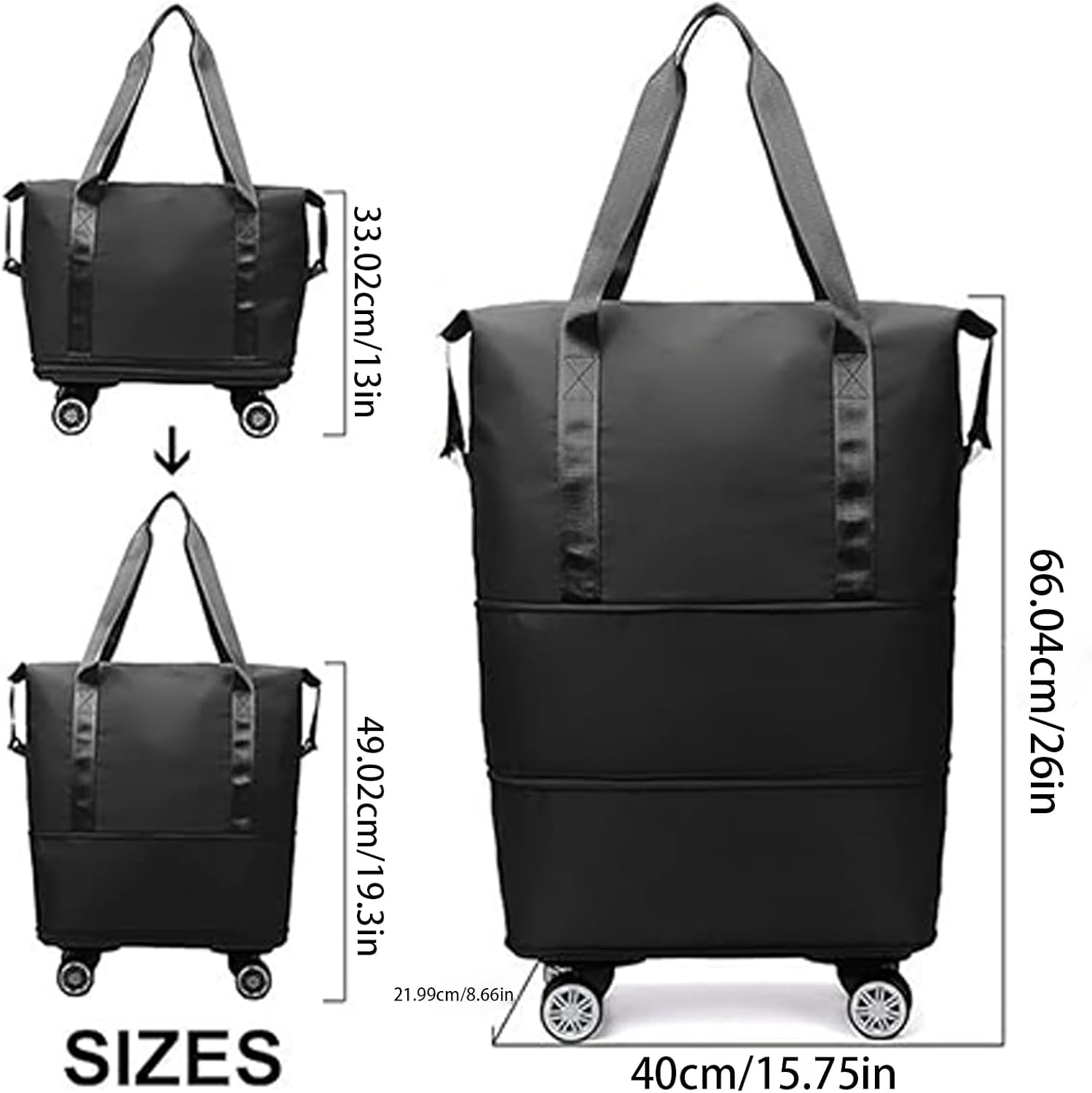 Carry on Bag with Wheels | Large Capacity Rolling Luggage Pack | Expandable Compartment Waterproof Travel Bag with 360 Degree Swivel Wheels for Business Trip - Black image number 6