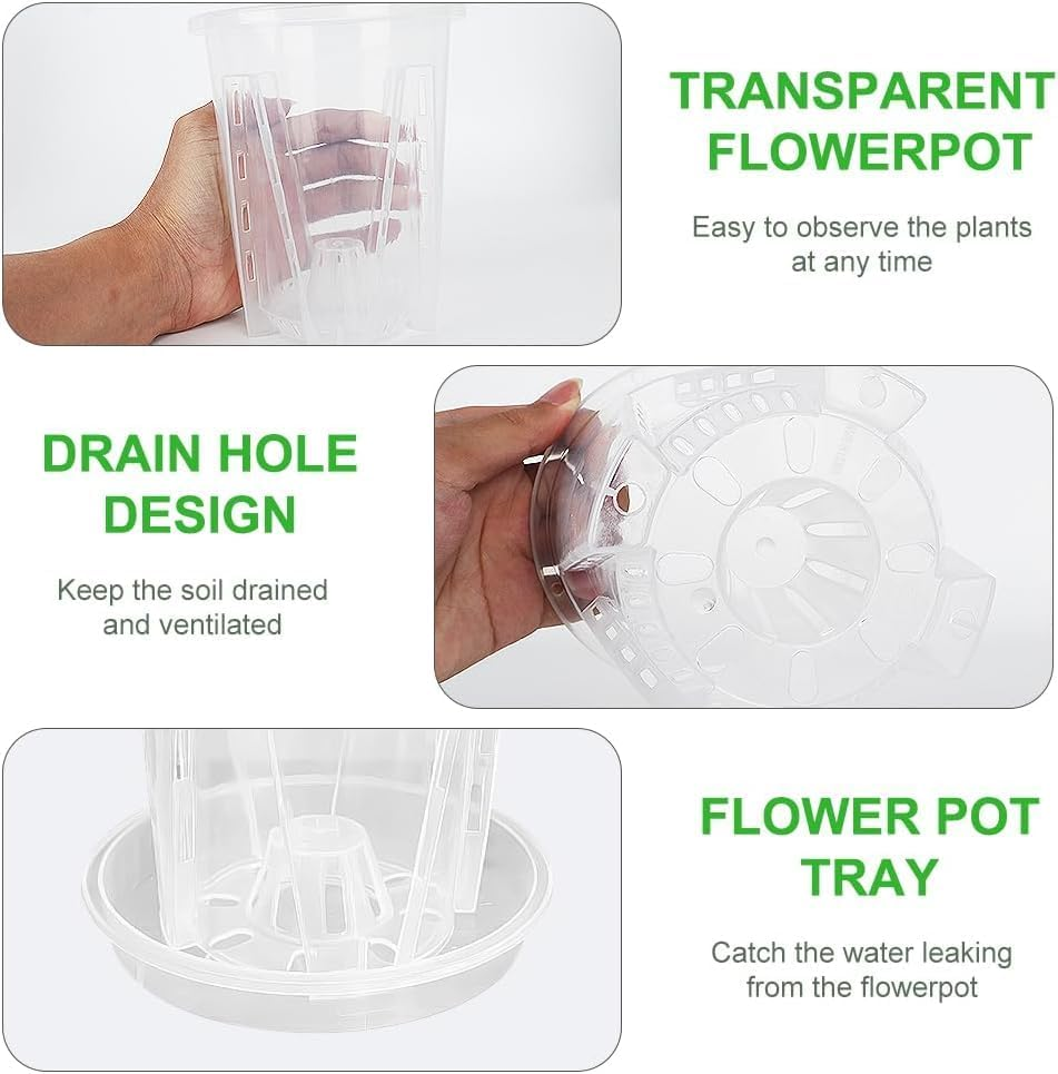 5Pcs Clear Plastic Orchid Pots with Holes and Saucers for Plants, Transparent Functional Planters for Optimal Drainage and Growth, 12Cm image number 5
