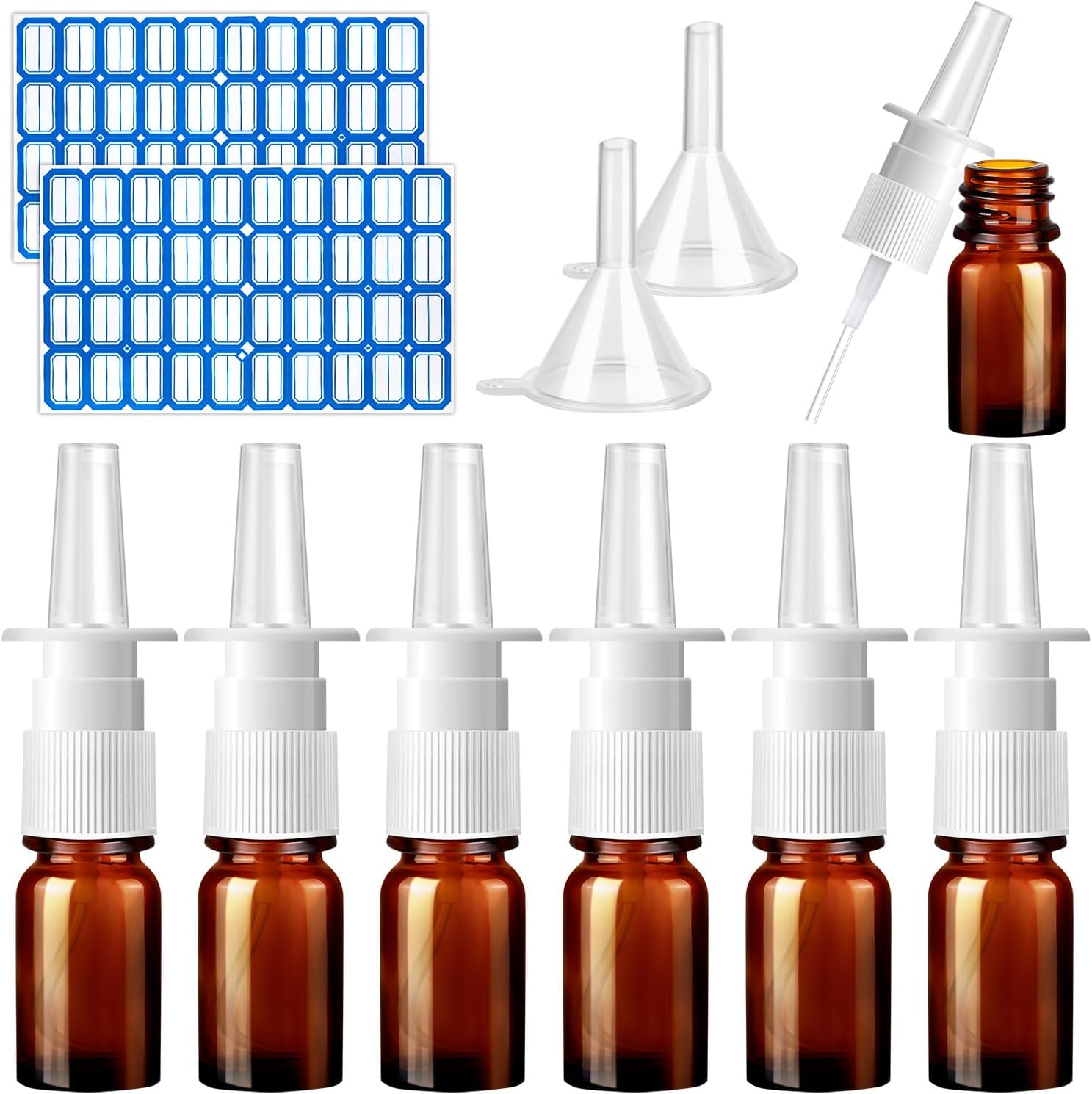 ZHWKMYP 10 Pcs Nasal Spray Bottle, 5ML/0.17OZ 6 Pcs Blue Fine Mist Glass Empty Refillable Nasal Spray Bottle with 2 Pcs Funnels and 2 Pcs Labels