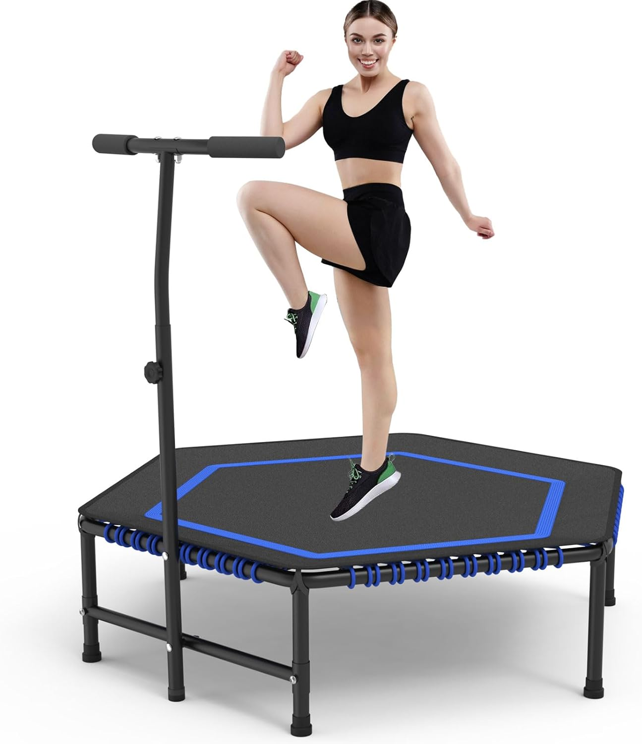 50" Hexagon Rebounder Trampoline for Adults Max Load 330Lbs Fitness Trampoline with 6 Heights Adjustable Handle Bar Silent Trampoline Bungee Rebounder Jumping for Adults with Safety Padded Cover