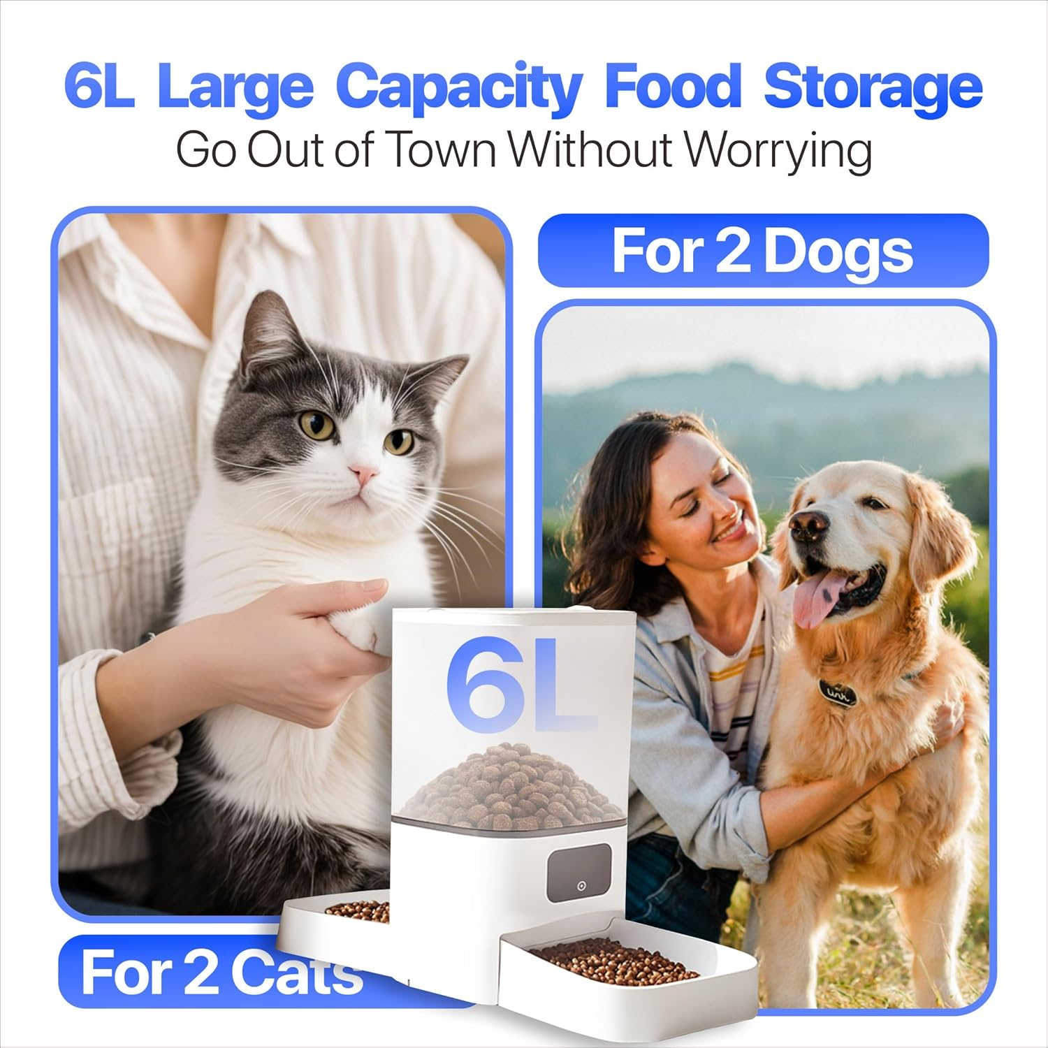 ALUCKKEY Automatic Cat and Dog Feeder for 2 Pets 6L Dry Food Storage & Dispenser, Dual Bowl Design for Peaceful Meal Feed 2 Pets at One Time Smart Wifi APP Control Timer Detachable for Easy Clean image number 3