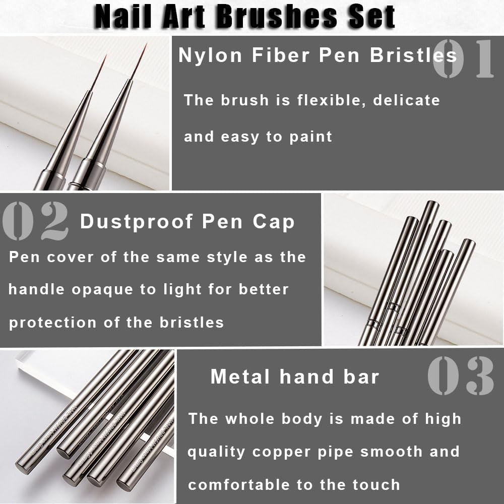 Yakamoz Nail Art Brushes Set, 5PCS Nail Art Liner Brushes 6/9/12/15/18Mm Thin Line Nail Brushes Detail Drawing, Painting Art Design Brush Set for Striping Long Lines Gel Polish image number 3