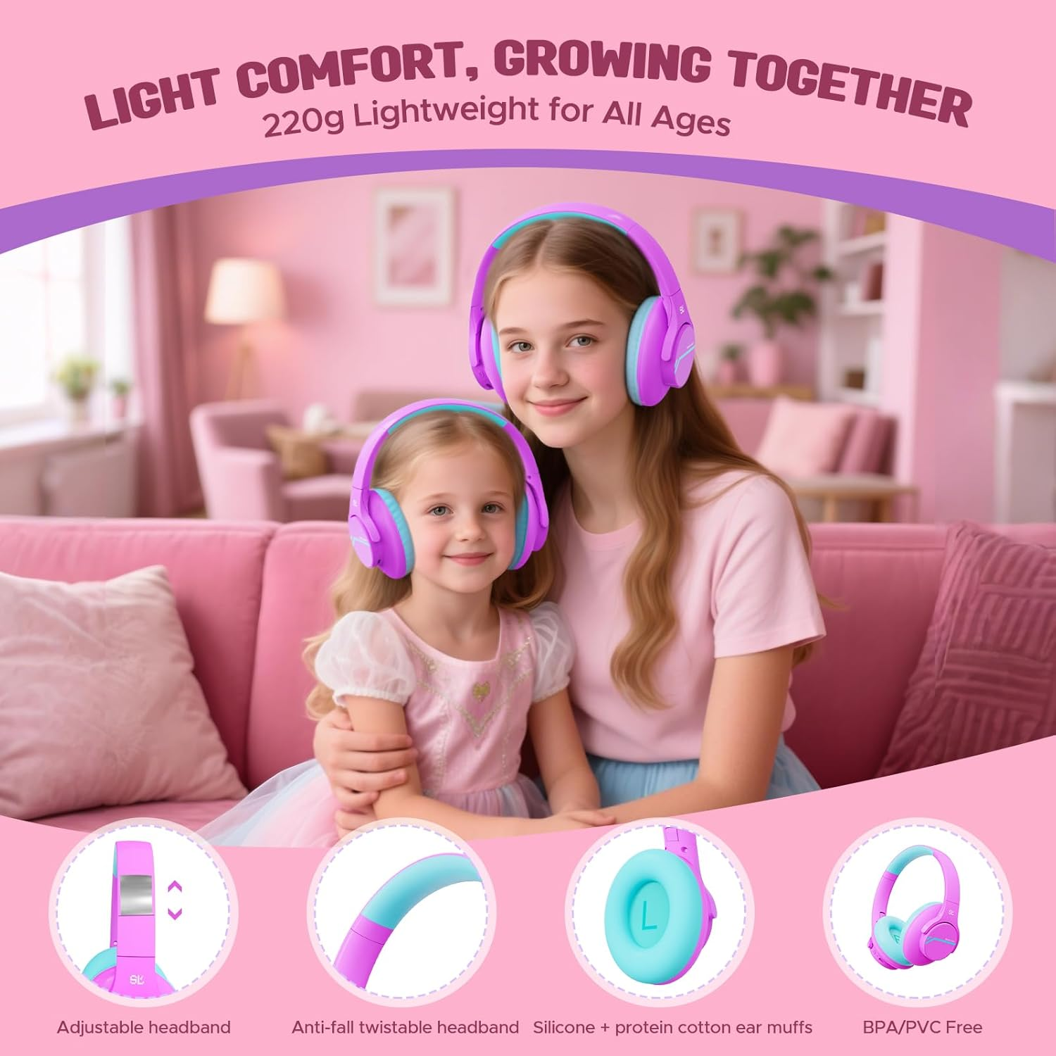 Steellumen Active Noise Cancelling Bluetooth Headphones Children, ANC Mode, Children'S Headphones Wireless, Bluetooth 5.4, 40H Playtime, 74/85/94Dba Safe Volume, Comfortable for Air Travel - Purple image number 2