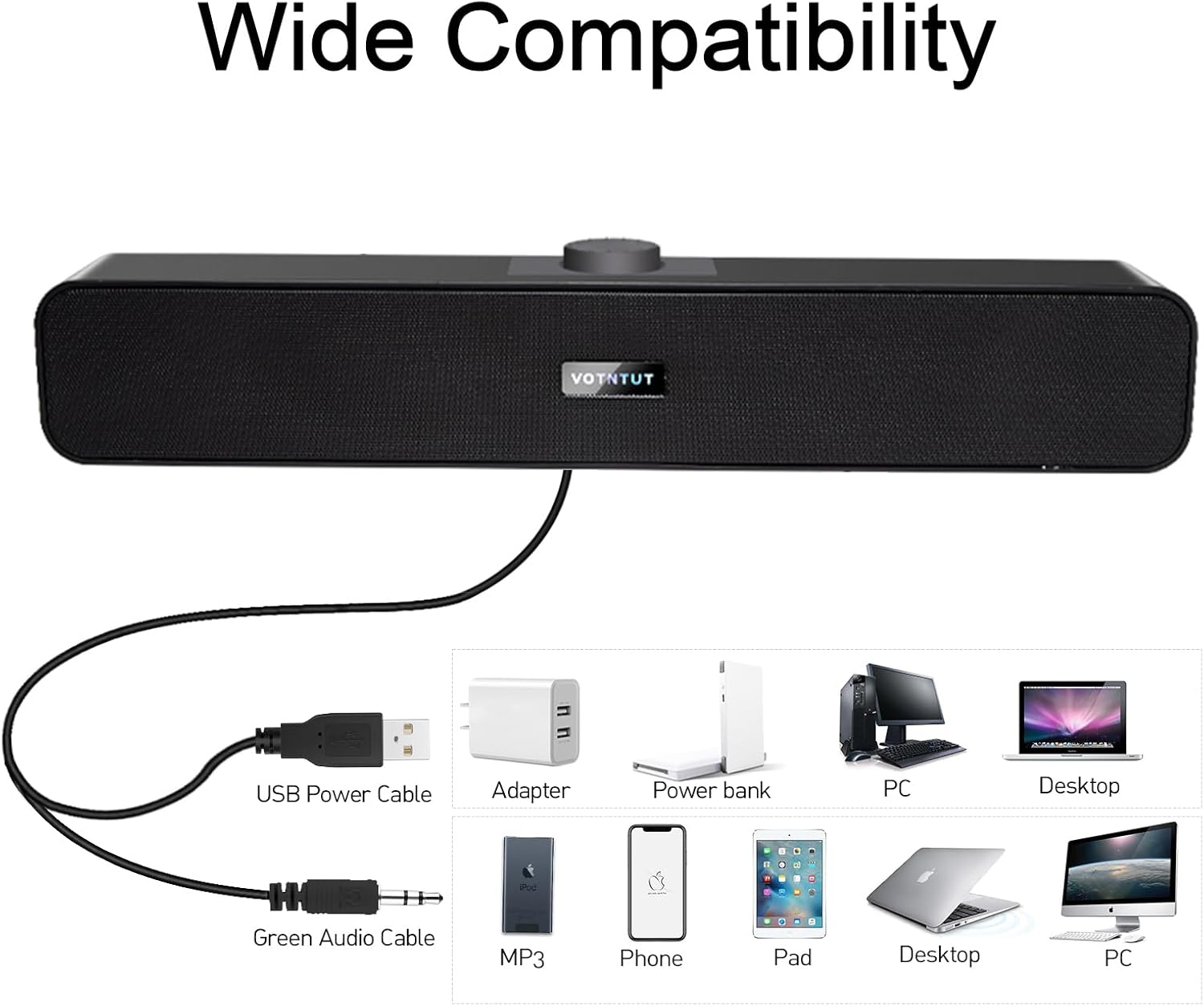 VOTNTUT Computer Speakers, Wired USB Mini Sound Bar Speaker for PC Tablets Laptop MP3 Mac Air/Pro (USB-C to USB Adapter Included) (Black) image number 4