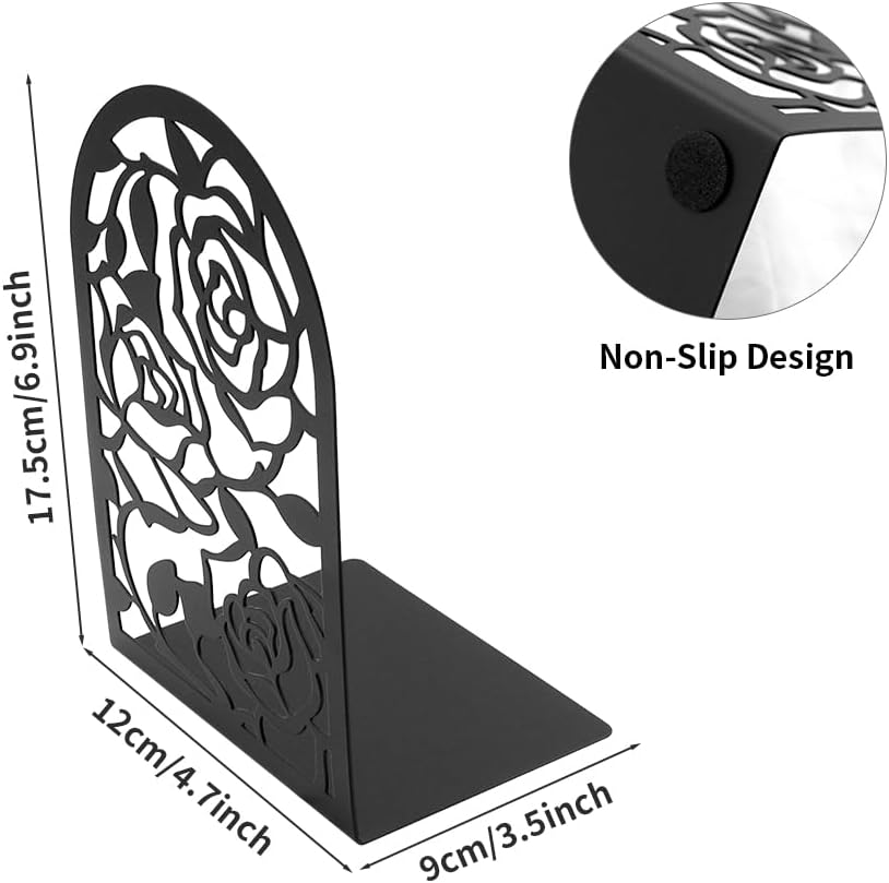 Elegant Rose Bookends Hollow-Out Rose Flower Book Ends Shelves Organizer Metal Book Stands Journal Book Holder Reading Room Decorative Bookends Library Book Stoppers for Office Home School (Black) - Black image number 2