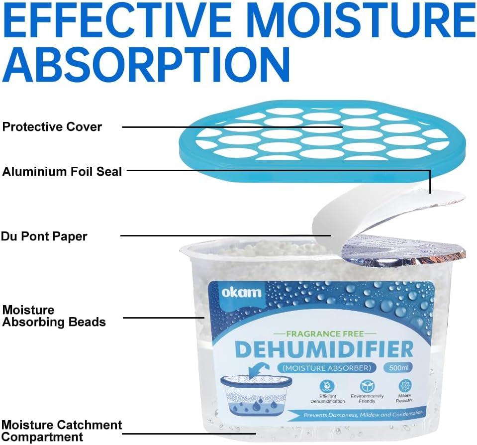 OKAM Moisture Absorber Tubs 24-Pack - Unscented Dehumidifier 500Ml for Bathroom, Wardrobe, Kitchen, Laundry, Closet, and Cupboard - Mould & Humidity Absorber - Portable Dehumidifier Moisture Absorber image number 2