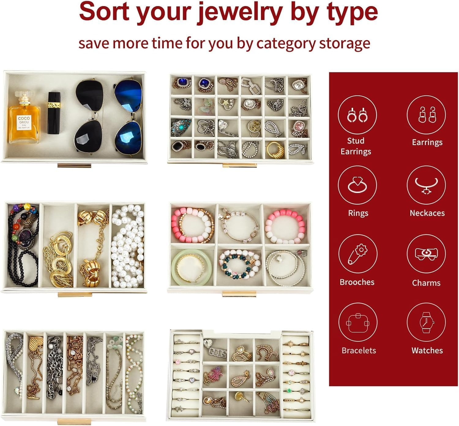 Large Jewelry Organizer Box for Women with Mirror &ndash; 6-Layer Storage Case with Drawers, Hooks & Dividers for Rings, Necklaces, Bracelets, Ideal for Women (White) image number 4