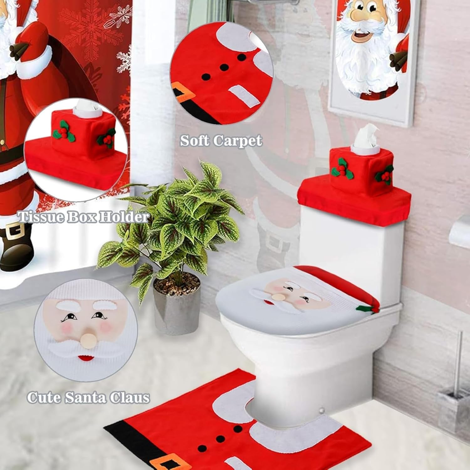1 Set Christmas Toilet Seat Cover, Santa Claus Bathroom Decorations, Holiday Rug and Tank Cover, Xmas Home Indoor Decor image number 4