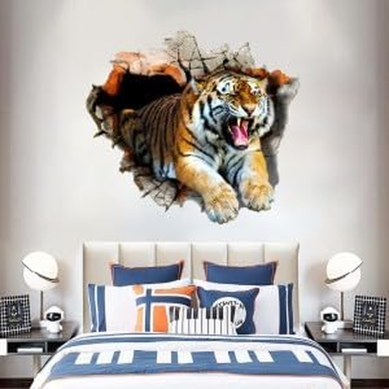 3D Tiger Wall Decal Smashed Wild Animal Wall Sticker 23.62X23.62Inch Removable Self-Adhesive Vinyl Jungle Animal Wall Mural for Nursery Playroom Kids Room Bedroom Wall Decors image number 1
