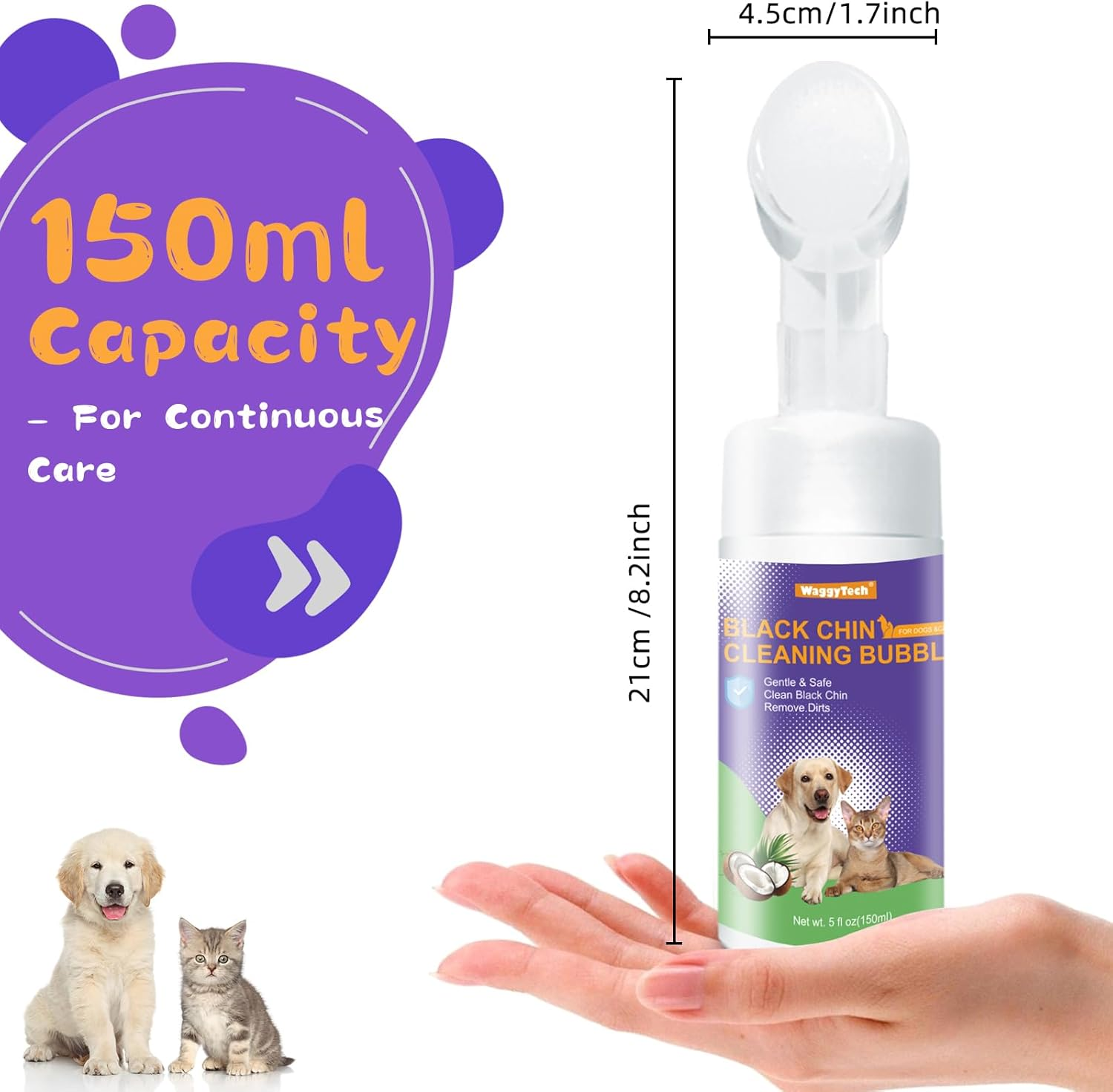 Cat Black Chin Acne Cleaner 5Oz (150 Ml), No-Rinse Pet Care Mousse with Soft Brush Head, Removes Blackheads & Degreases Tails, Pet Hair Health Shampoo - Dryness | Oil | Dirt image number 4