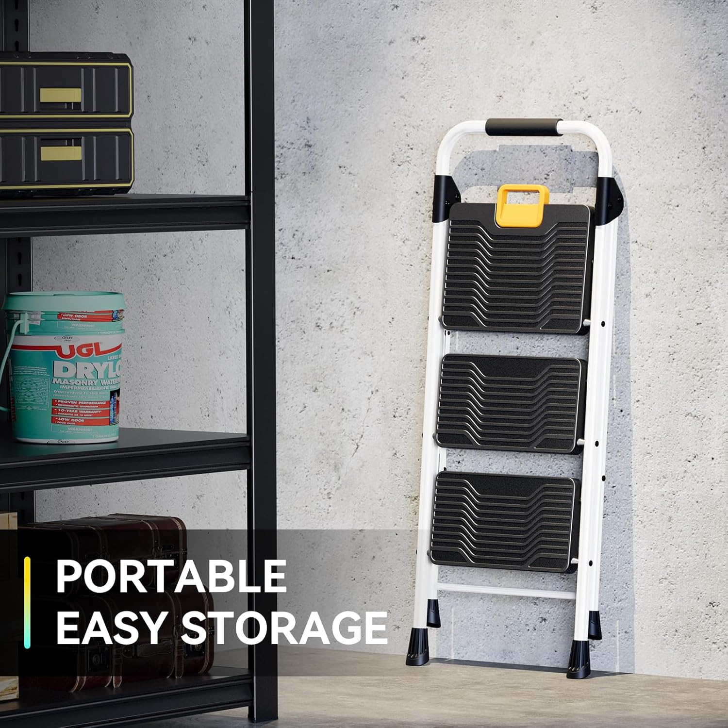 KINGRACK 3 Step Ladder, Sturdy Steel Folding Step Stool with Safe-Lock Design, Handrail, Anti-Slip Wide Pedals, Pass 150 KG Load Testing, Portable Stepladder for Multi-Purpose, Home, Kitchen, White image number 3