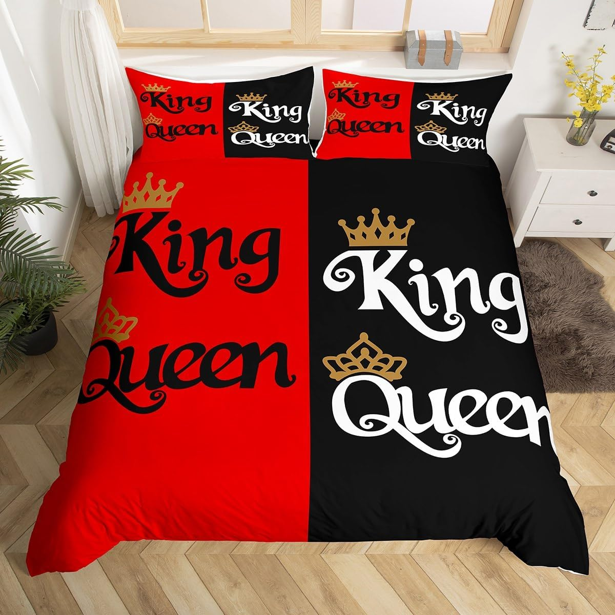 Crown Queen King Duvet Cover Set L Size, Couple Lovers Bedding Set, Teens Women Men Room Decor, Red and Black Comforter Cover, Valentine'S Day, Wedding Theme Quilt Cover, 2 Pillowcases