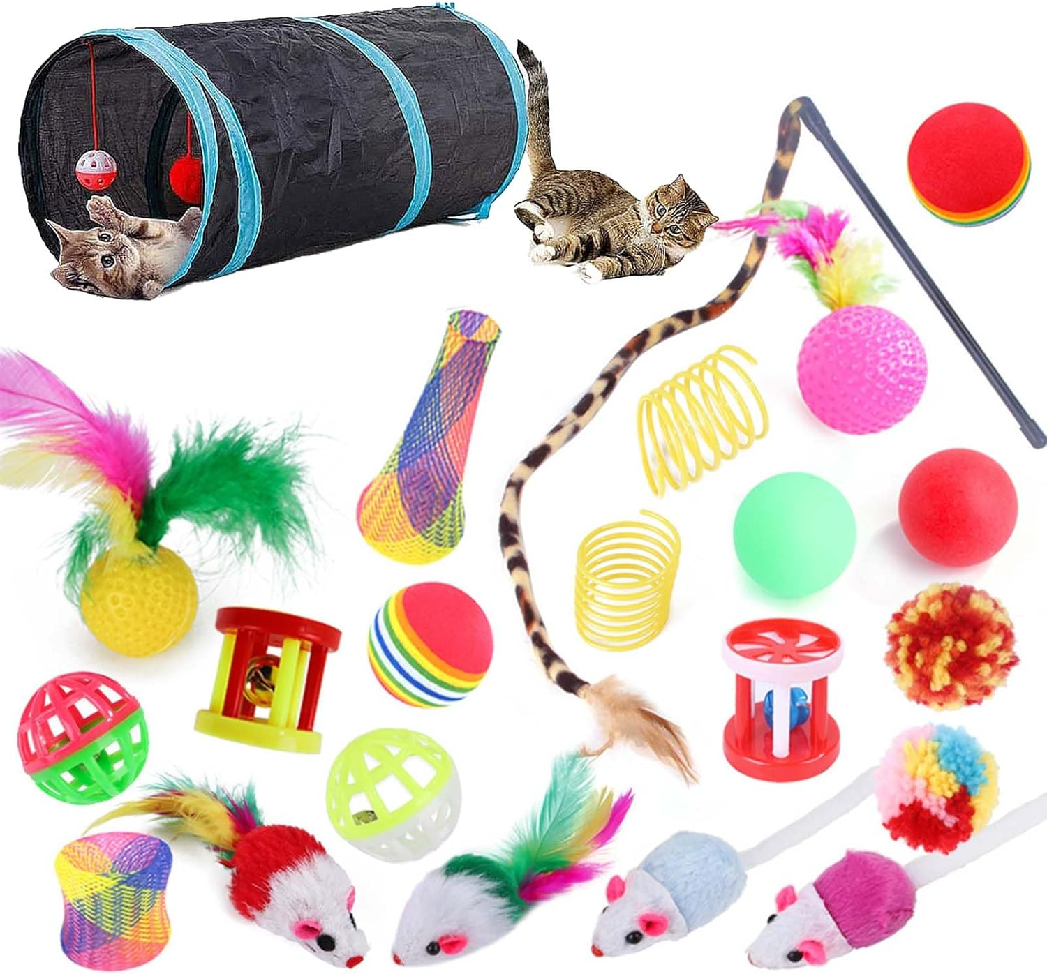 22-Piece Interactive Cat Toys Set for Indoor Cats with Collapsible Tunnel, Feather Teaser Wand, Crinkle Balls - Multi-Color Kitten to Adult Cat Toys (All Breeds) image number 5
