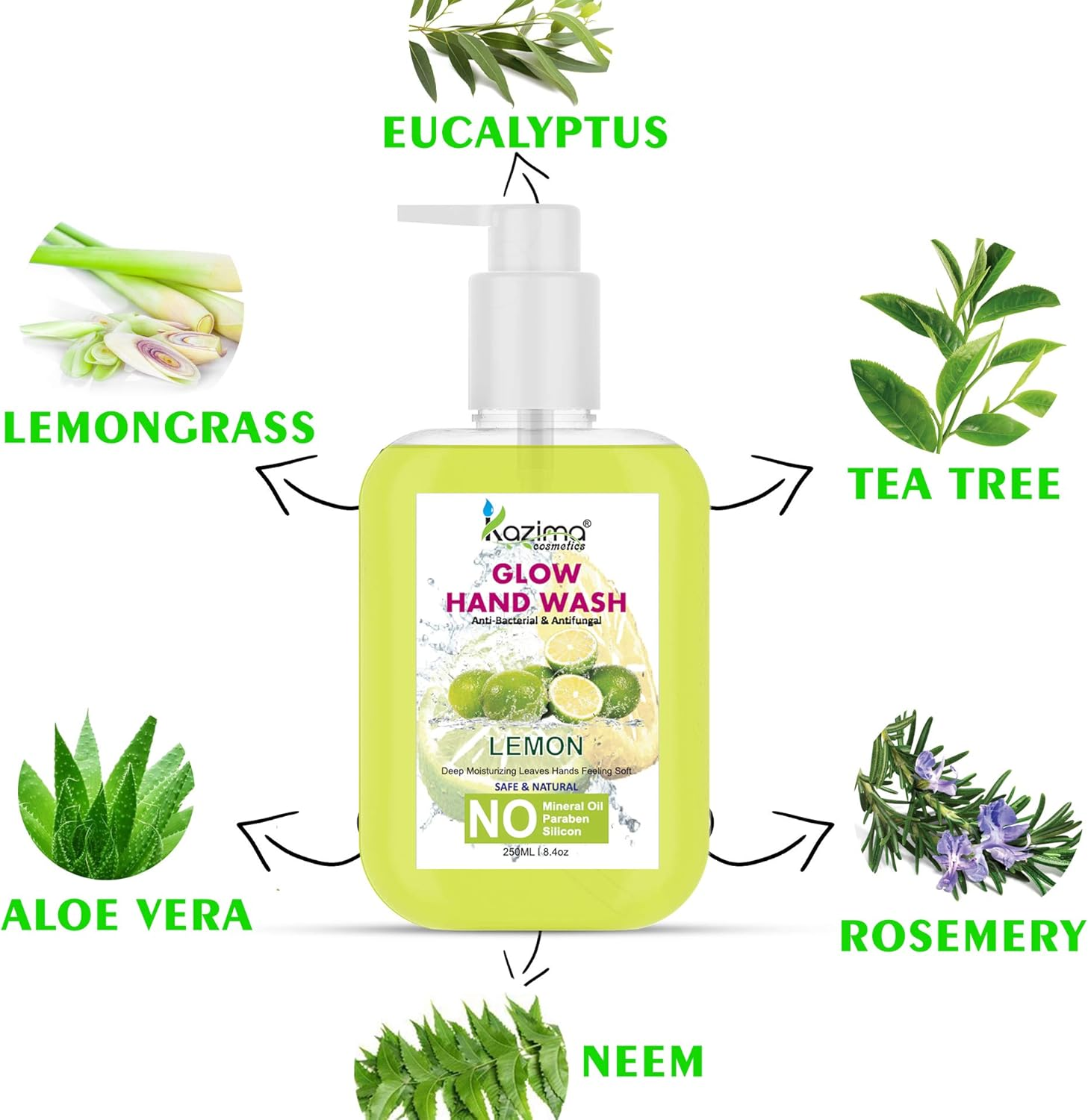 KAZIMA Glow Handwash Germ Protection Liquid Soap Lemon, Rose, Orange (250Ml Each, Combo of 3) image number 5