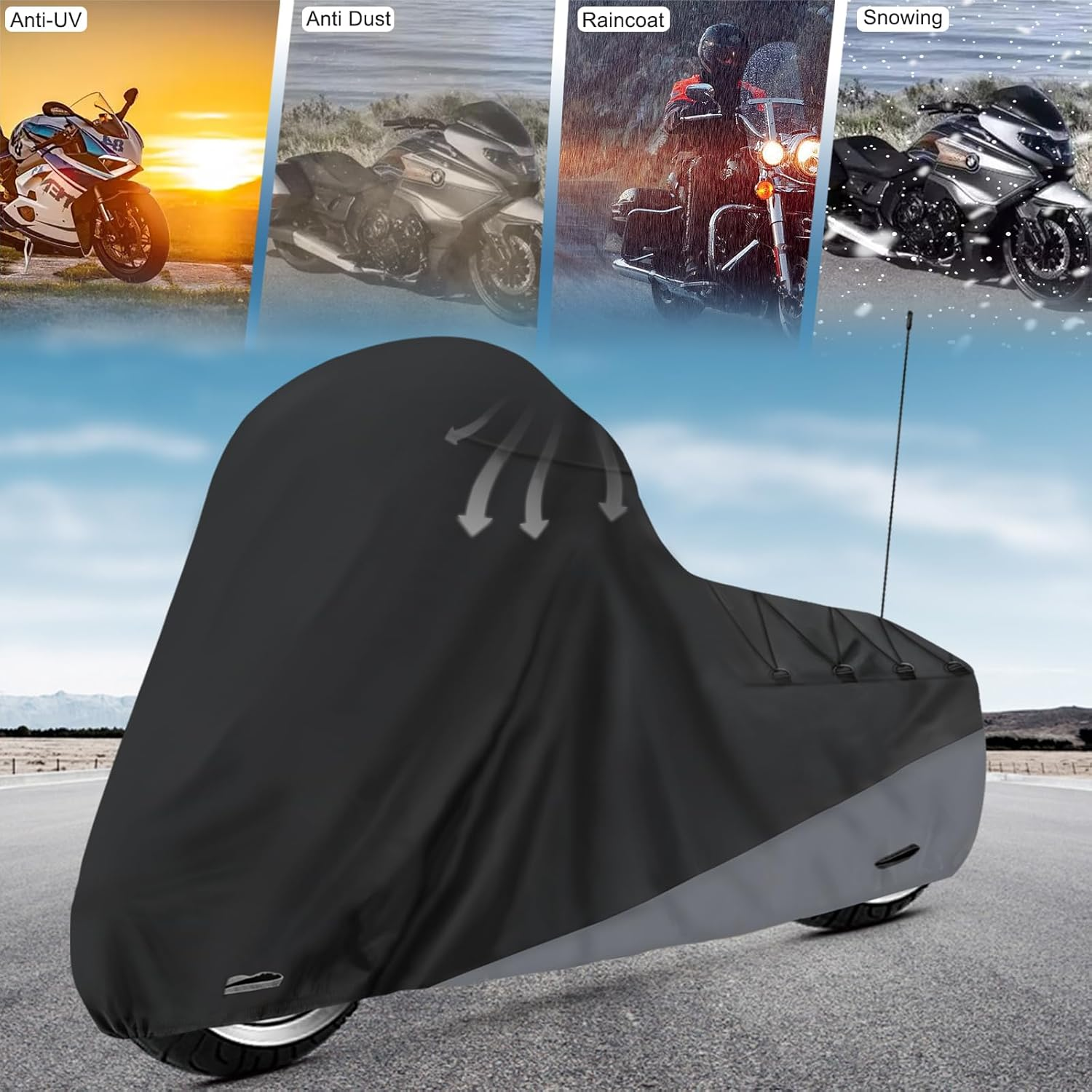 XYZCTEM Motorcycle Cover for Touring Models Harley Davidson Road King Road Glide Street Glide Electra Glide Low Rider-St Indoor & Outdoor All Weather Protect from Dust Sunlight Rain, Black