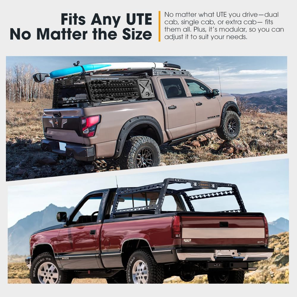 SAN HIMA Overland Bed Rack - 1110-1765MM Width Adjustable Truck Bed Rack with Pair LED Auxiliary Lights, for Universal Pickup Trucks UTE, 300KG Load Capacity image number 5