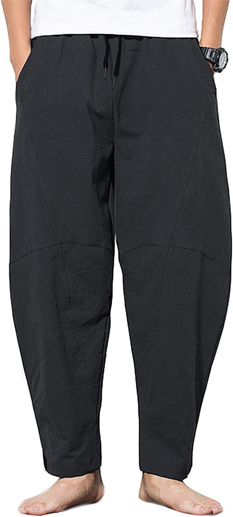 AITFINEISM Men'S Casual Linen Cotton Pants Comfy Loose Fit Elastic Waist Wide Leg Trousers