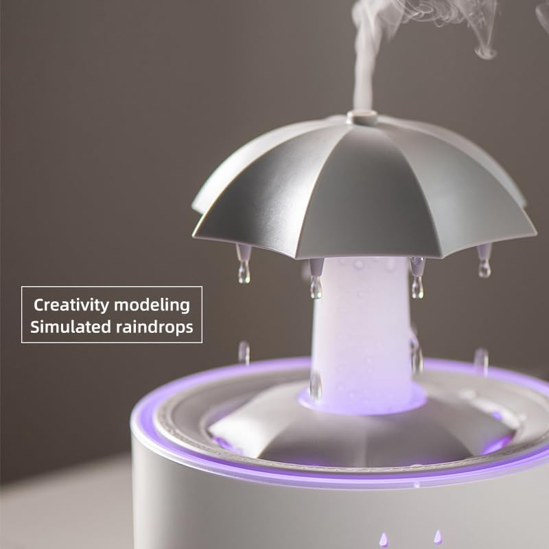 Rain Umbrella Humidifier & Aroma Diffuser with Soothing Rain Sounds, Water Drip Effect, 7 Colors Mood Light, Timer and Auto-Off, Ideal for Relaxation, Sleep, Home, Bedroom, Desk(White) image number 5