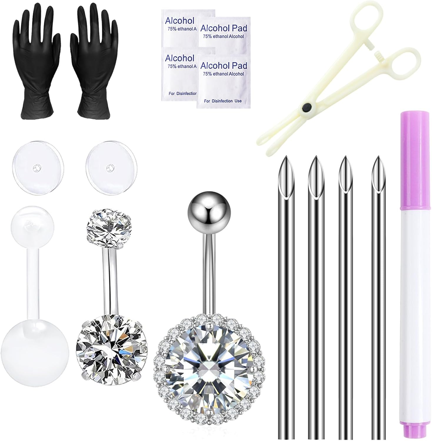 Vessantara Belly Button Piercing Kit - 17 Pcs Belly Piercing Kit Disposable 12G 13G Body Piercing Needles with Belly Button Rings Clamps