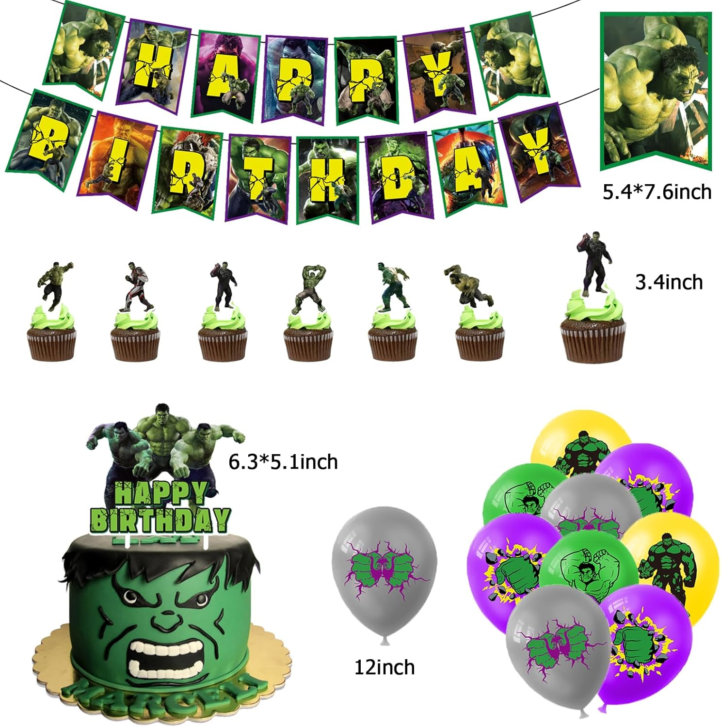 Hulk Birthday Party Decoration - Green Cartoon Balloon, Birthday Garland, Cake Topper image number 5