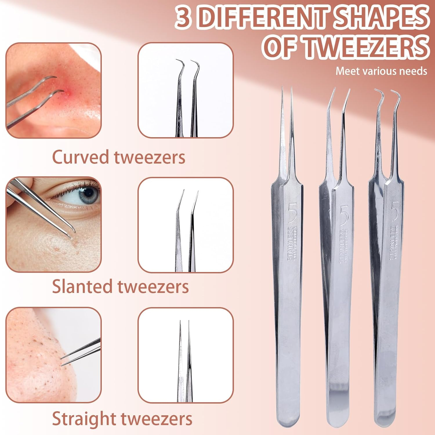 Lasuroa 7Pcs Pimple Popper Tool Kit, Blackhead Remover Tool Stainless Steel Comedone Extractor Blackhead Tweezers for Face Nose Cleaning image number 6