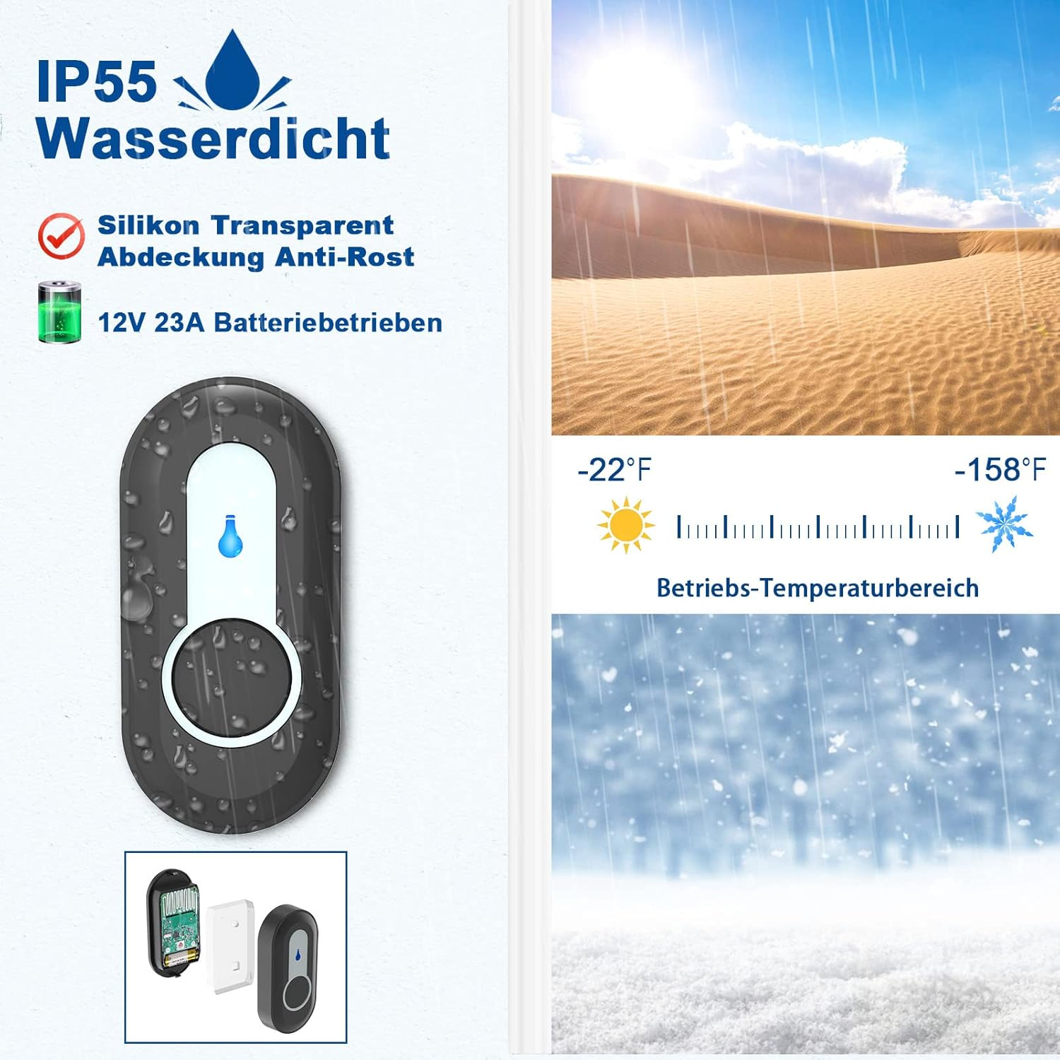 SURFOU Wireless Bell 400 M Range Wireless Doorbell Front Door Outdoor Waterproof Wireless Doorbell Transmitter with Batteries with 55 Ringtones, 5 Volumes, LED Flashing, Black (2 Receivers + 1 image number 6