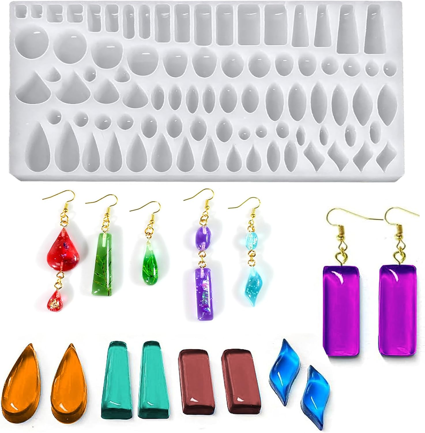 Silicone Stud Earring Mold - 41 Pairs of Shapes - Rectangle, Teardrop, Dangle - UV Resin - Geometric Cabochon Jewelry Cast image number 2