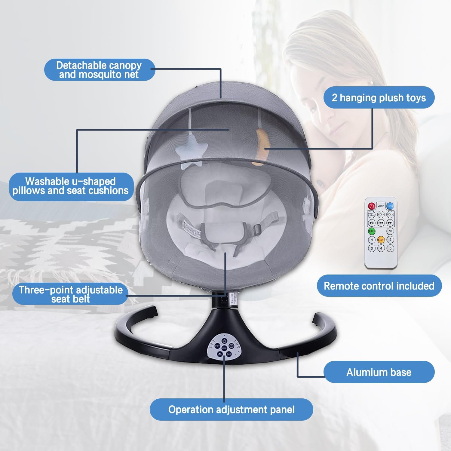 Baby Swing for Infants, Portable Baby Rocker with Tray and Remote Control 5 Speed Electric Bluetooth for 5-26 Lbs, 0-12 Months,3 Timer Settings & 10 Pre-Set Lullabies Adjustable Rocking Bouncer Chair (Light Gray) image number 6