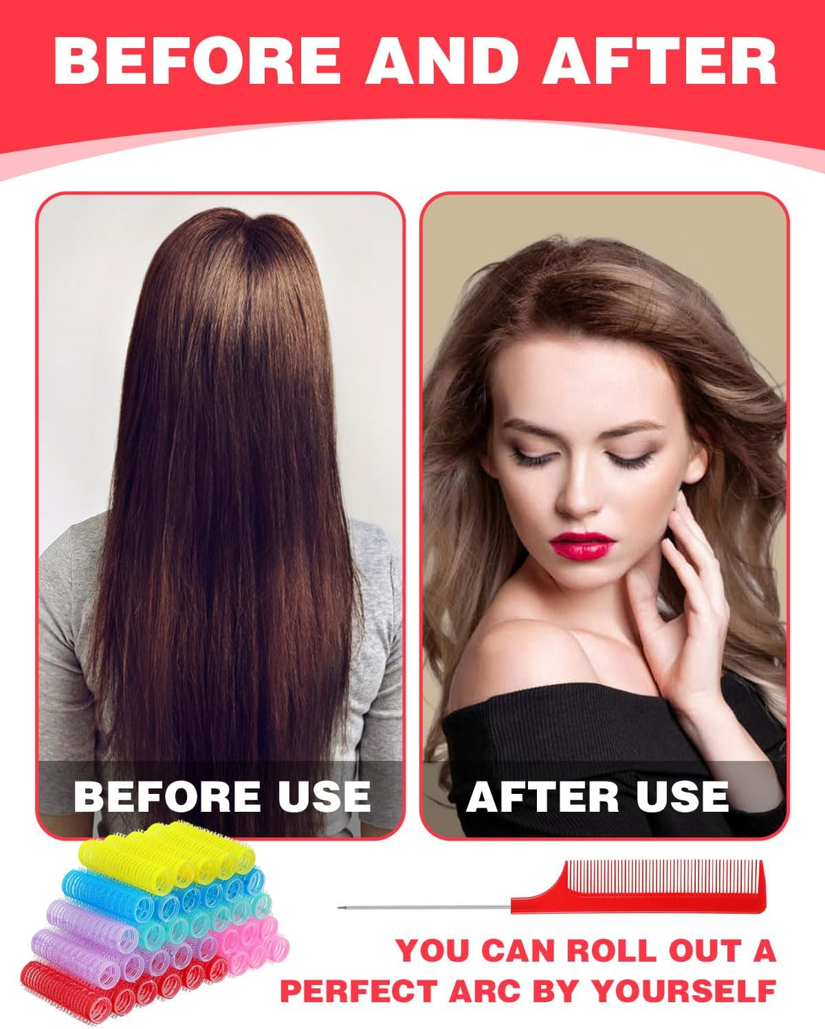 TPZORJX 37 Pieces Manual Hair Rollers Self-Adhesive for Salon, Hairdressing Salon, Rat Tail Comb, DIY Curling Iron with Steel Pin Pointed Tail Comb image number 4