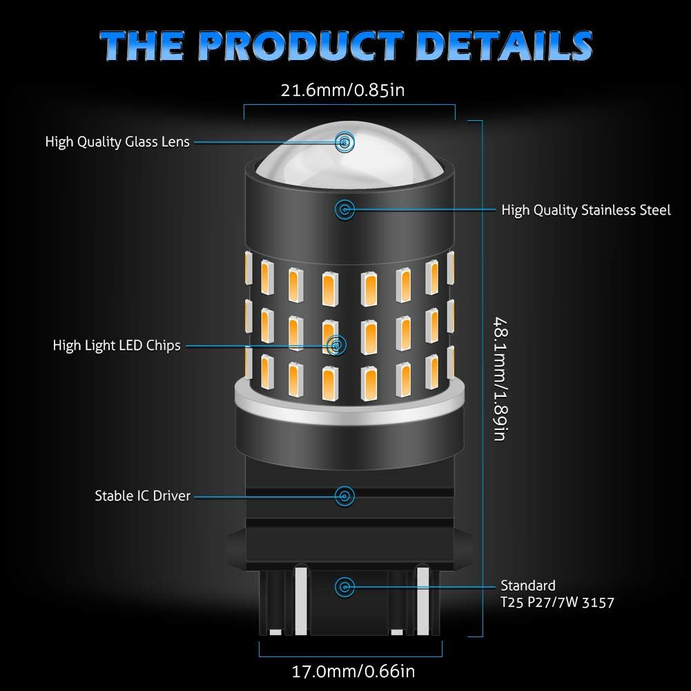 KATUR 3157 3047 3057 3155 3156 Led Light Bulb High Power 3014 54 Chipsets Super Bright 650 Lumens Replace for Turn Signal Back up Reverse Brake Tail Stop Parking RV Lights,Amber(Pack of 2) image number 6