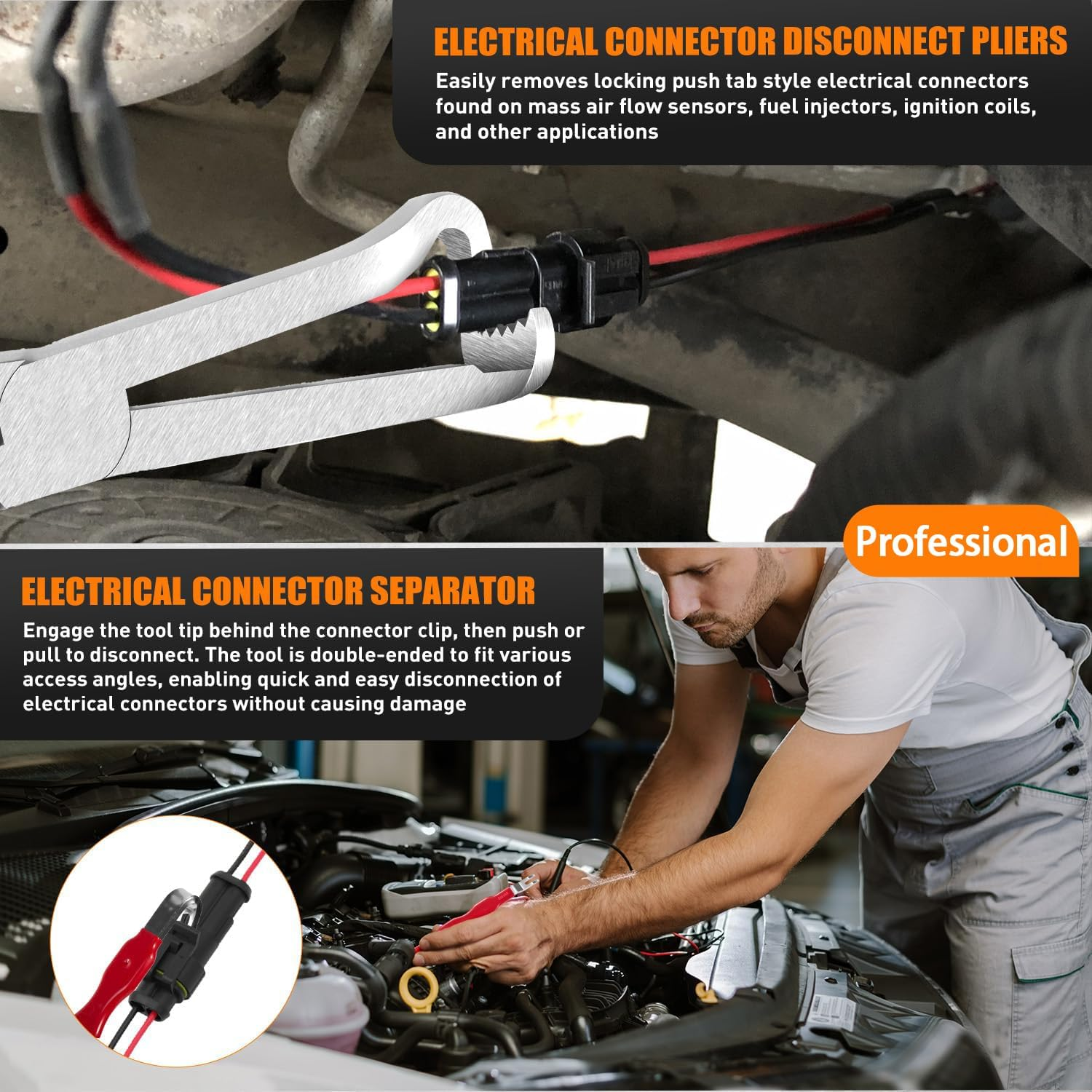 2-Piece Electrical Disconnect Pliers Set - Automotive Connector Removal Tool for Fuel Line, Hose & Push-Tab Plugs (Wire Cutting Pliers + Red Connector) image number 5