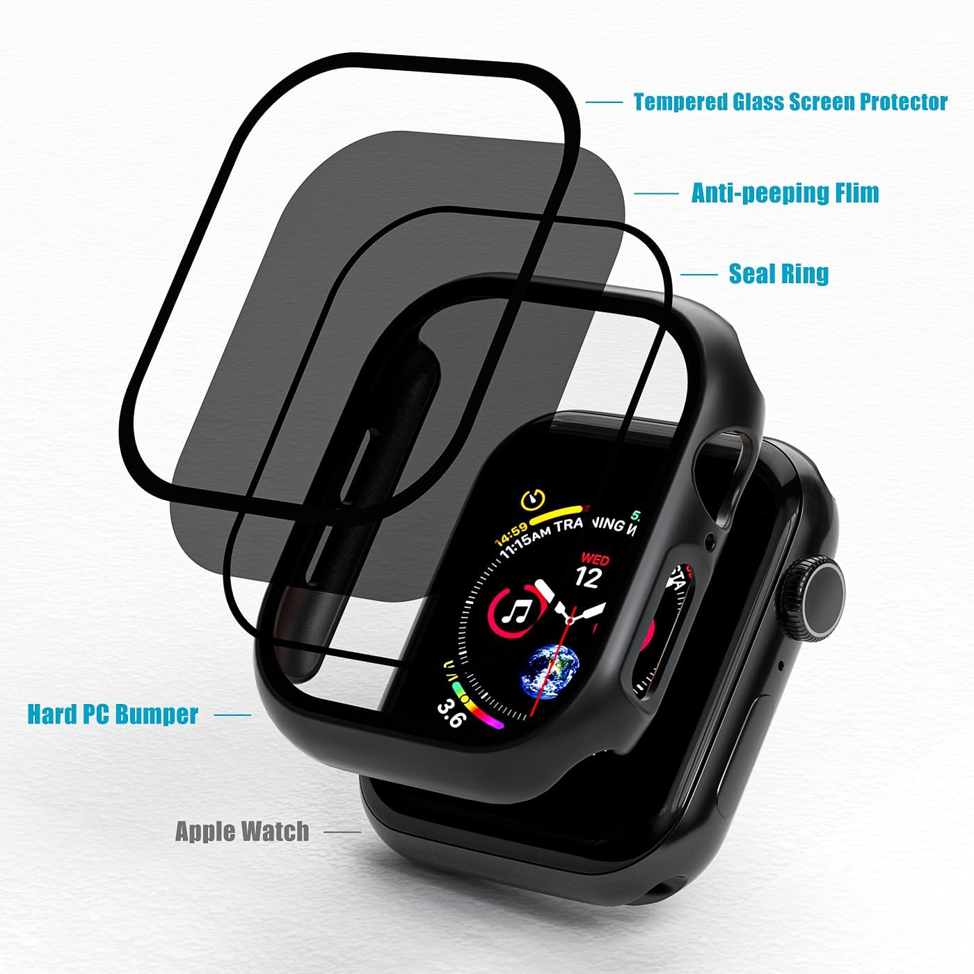 2 Pack Privacy Case for Apple Watch Screen Protector, Anti-Spy Tempered Glass Film Apple Watch Cover Hard PC Case Bumper for Iwatch Series 11 Series 10 - Black/Clear 42Mm image number 2