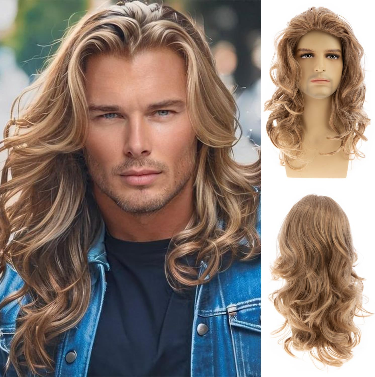 Beweig Mens Brown Long Curly Wavy Wig Middle Part Synthetic Heat Resistant Daily Party Costume Halloween
