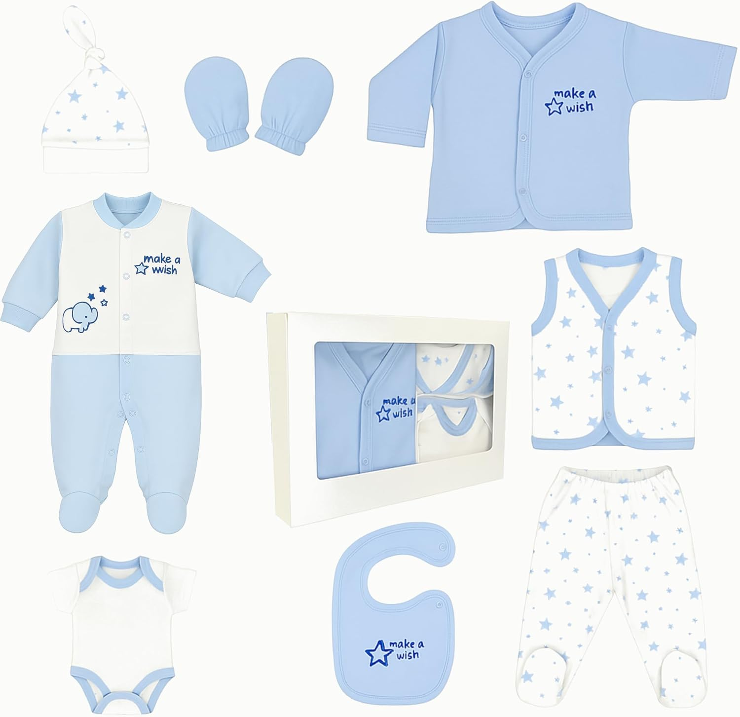 Blue Eyes Newborn Baby Gift Set, 100% Natural Cotton, First Equipment, Boys' Clothing Gift Set, Baby Outfit for Babies, 0-4 Months, 8 Pieces (Star Blue)