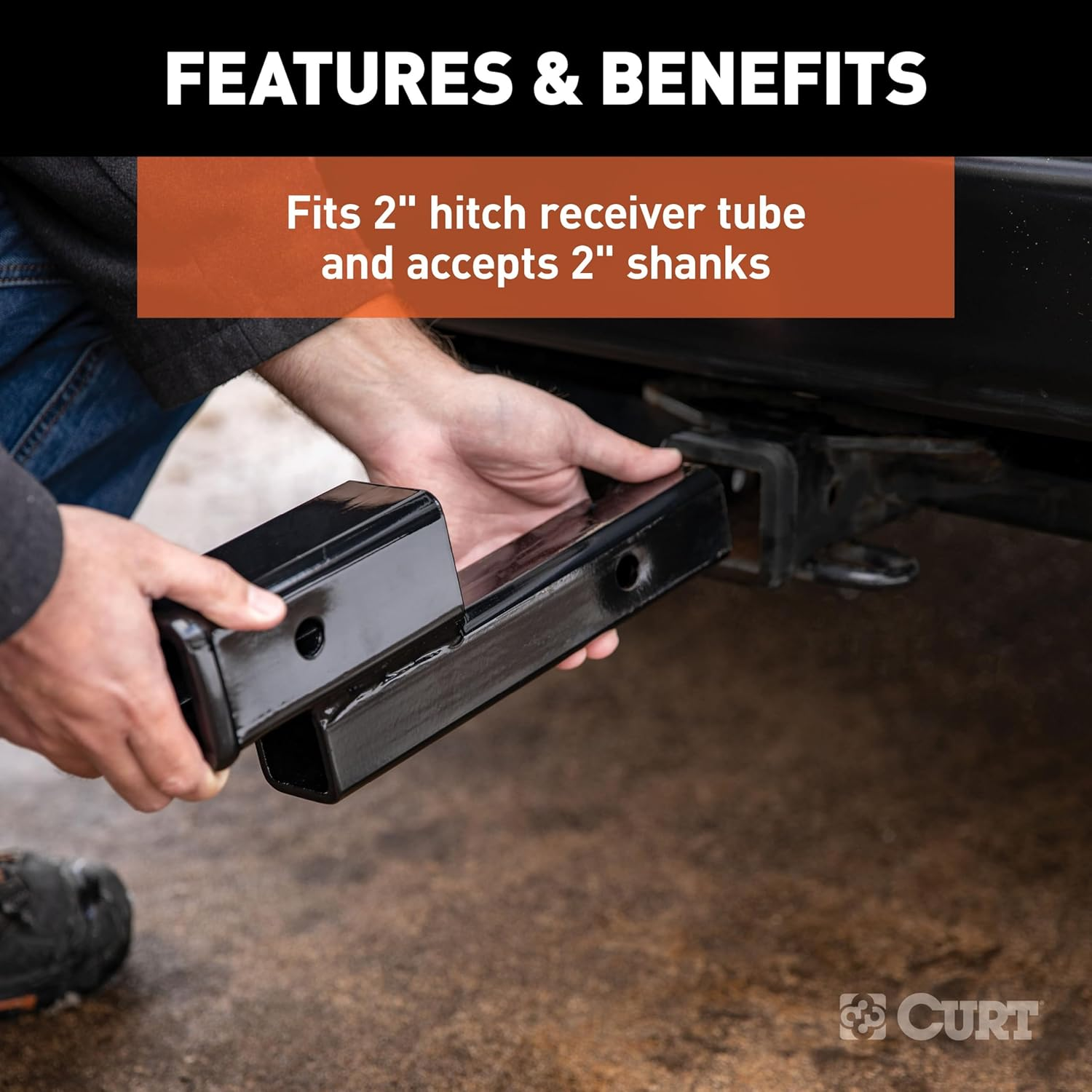 CURT 45797 Trailer Hitch Adapter, 2-Inch Receiver, 2-In Drop or Rise, 7,500 Lbs, Gloss Black Powder Coat