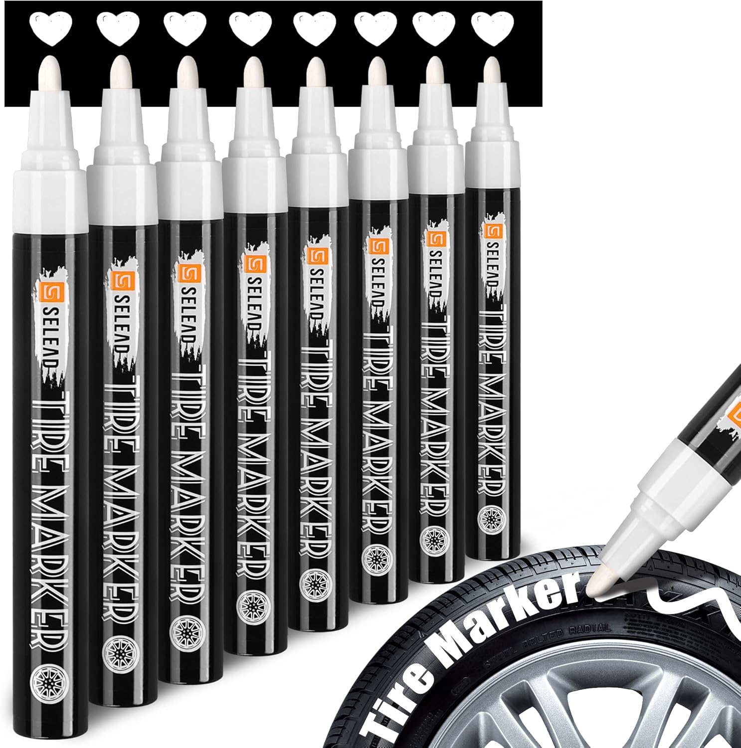 SELEAD Tire Marker White - 8 Pack Paint Pens for Car Tires Lettering, Premium Professional Oil-Based Ink, Waterproof Non-Fading Permanent Markers