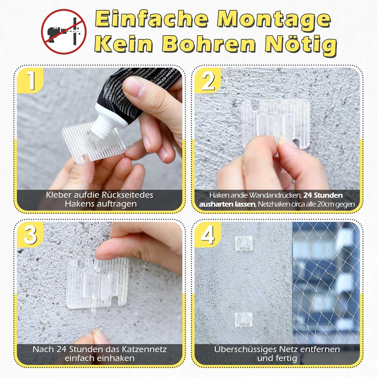 Enhon Pack of 50 Adhesive Hooks for Cat Net for Balcony, with 2 X 40 Ml Mounting Adhesive, Extra Strong, Transparent PC, Uv-Resistant, Attachment of Cat Net Window for Balcony, No Drilling